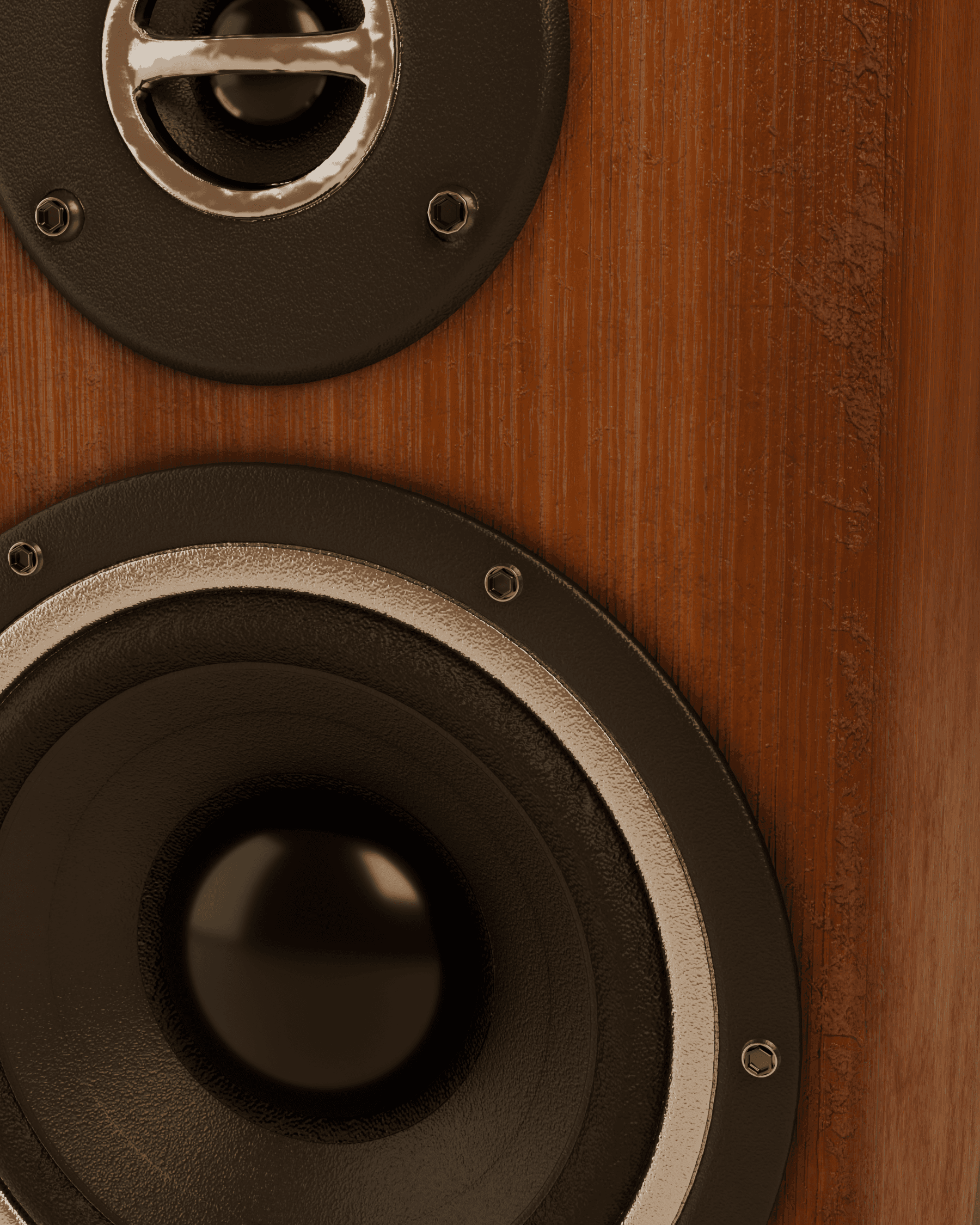 Detail of the tweeter dome and woofer cone against the walnut front baffle