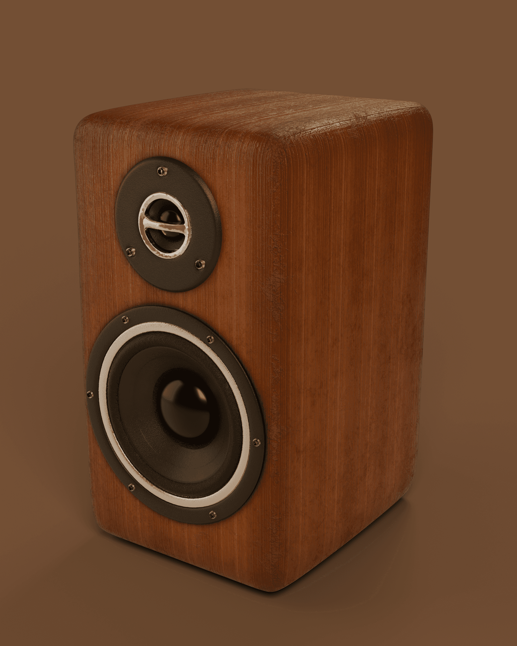 WALNUT TWO bookshelf speaker, three-quarter view on a warm walnut studio backdrop