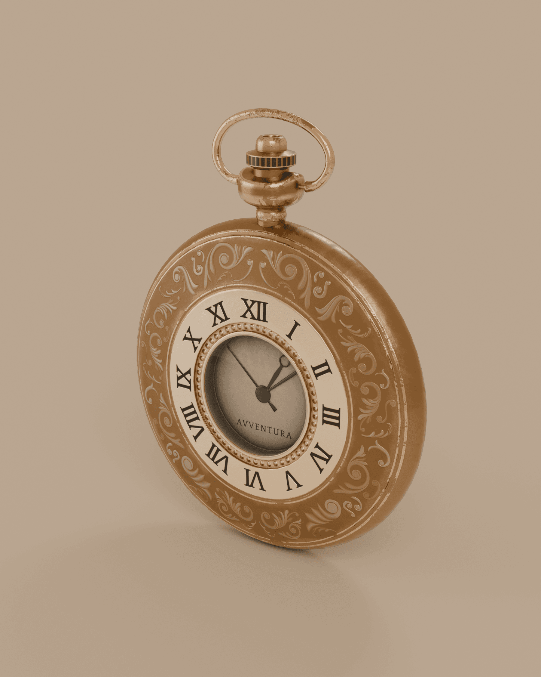 MERIDIAN pocket watch, three-quarter view on a warm sepia studio backdrop