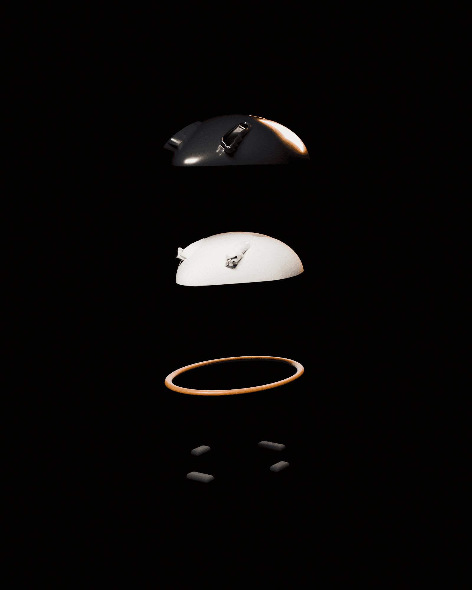 STRATA performance helmet exploded along a single vertical axis: shell, liner, reinforcement cage and contact pads separated in space