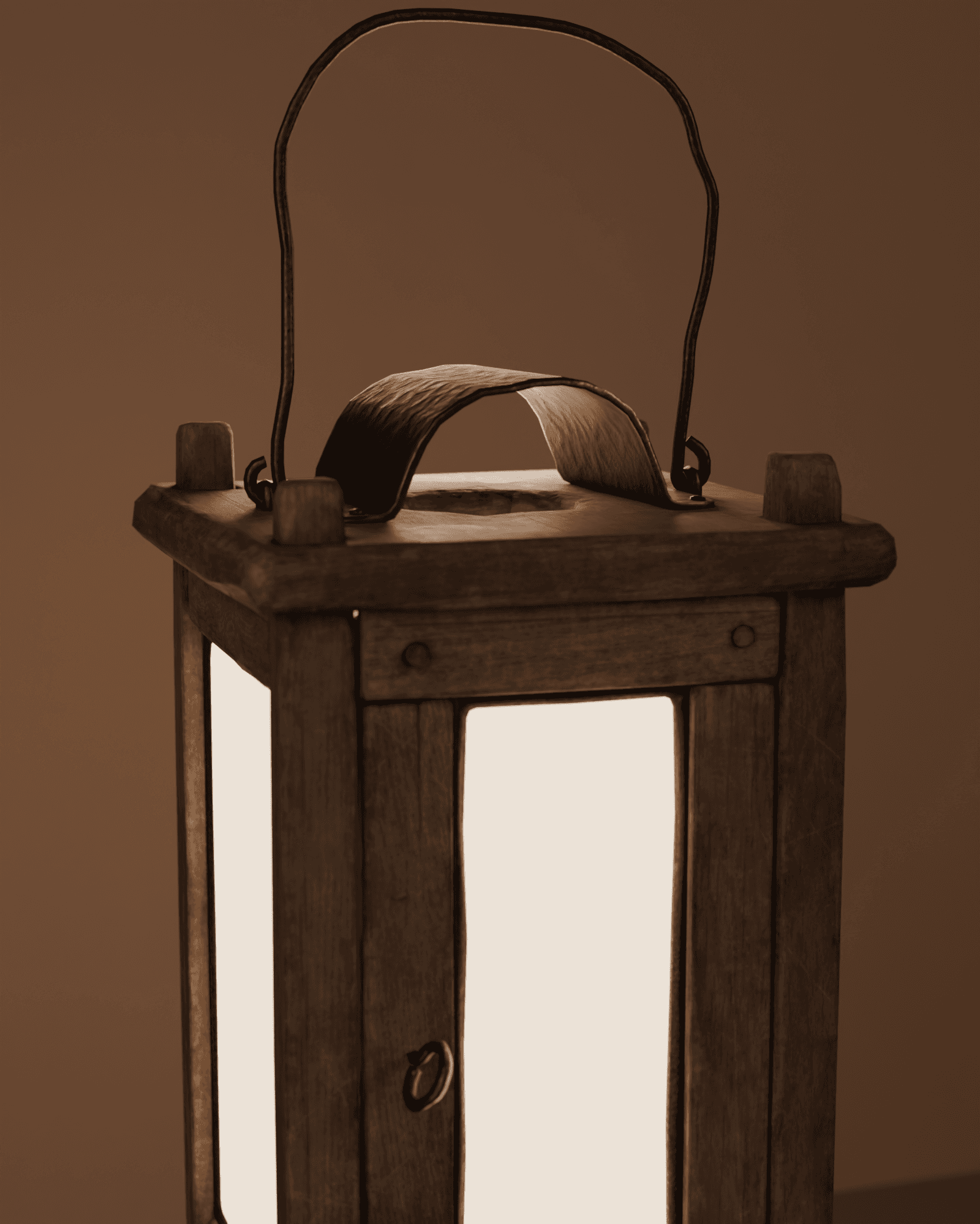 Close detail of the lantern's weathered oak frame, iron handle and glowing glass panels