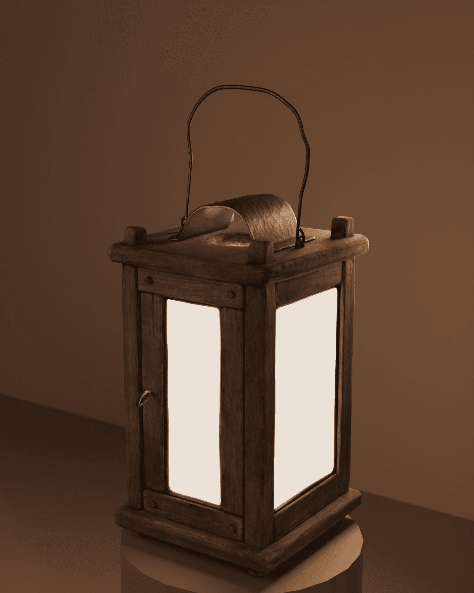 Hearthlight lantern, weathered oak and glass, glowing warm amber from within, set on a low wood plinth against a raw ochre plaster wall