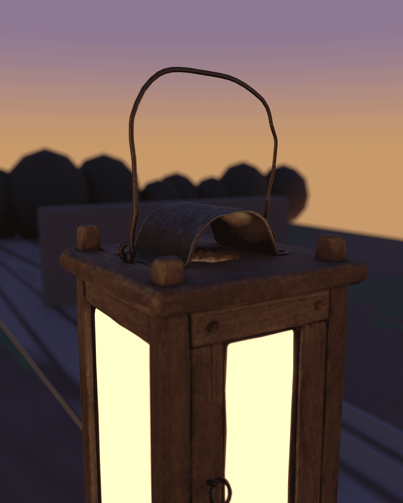 Close macro detail of the lantern's weathered oak frame, hand-forged iron handle and glowing glass panels, a stone path and a garden wall soft out of focus behind it against the gradient dusk sky