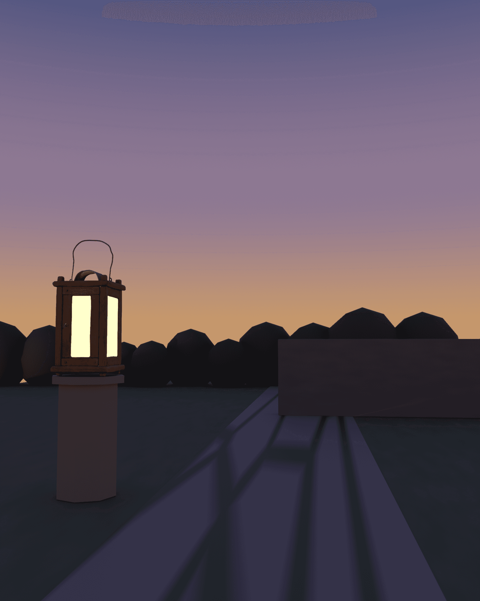 A small wooden lantern glowing warm on a low stone pier beside a stone path at blue hour, the path receding toward a low garden wall and a hedge line fading into atmospheric haze, a real gradient dusk sky of gold, plum and deep blue filling most of the frame above