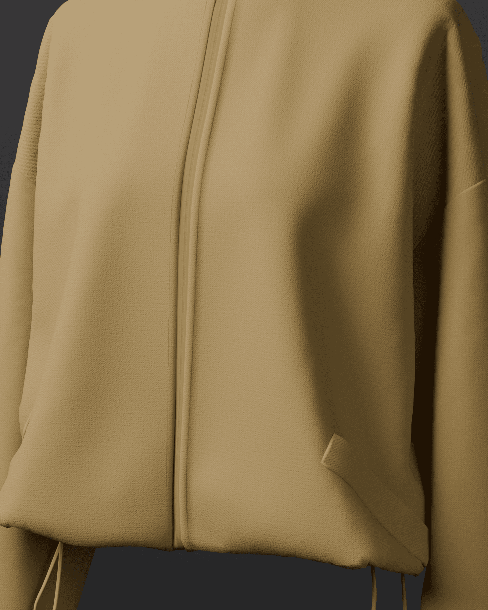 Detail shot of the zip, stand collar and drawcord hem