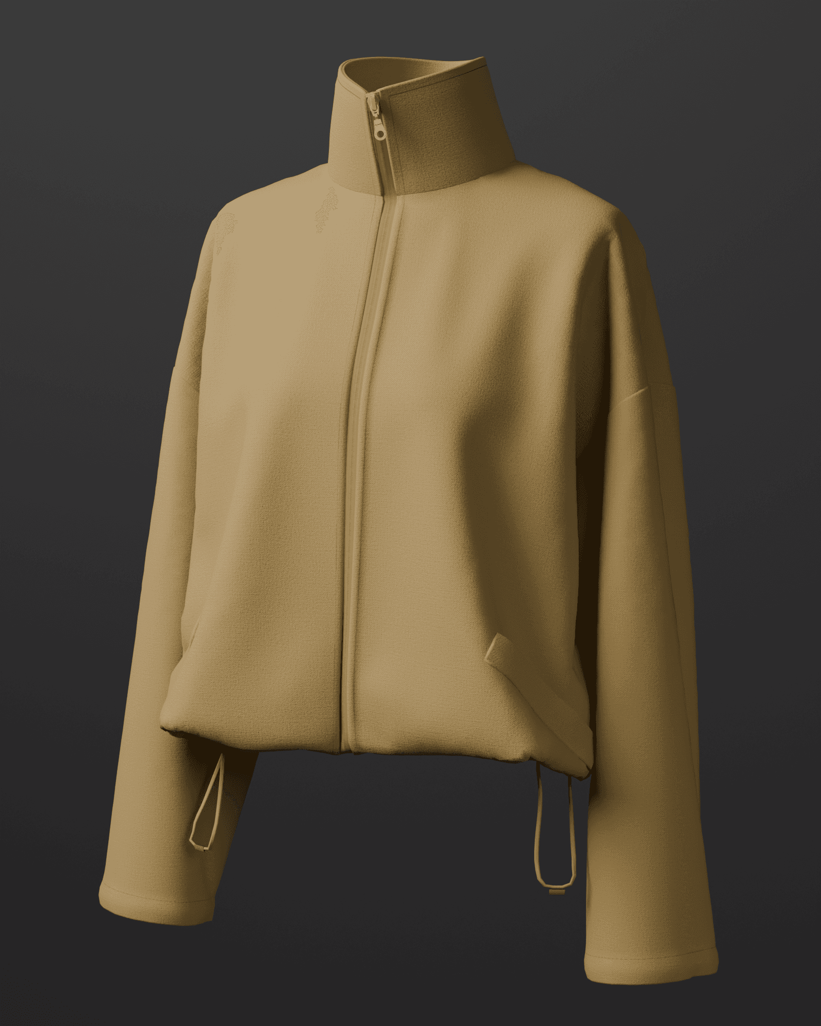 STILL jacket, three-quarter editorial shot in a dark studio cove