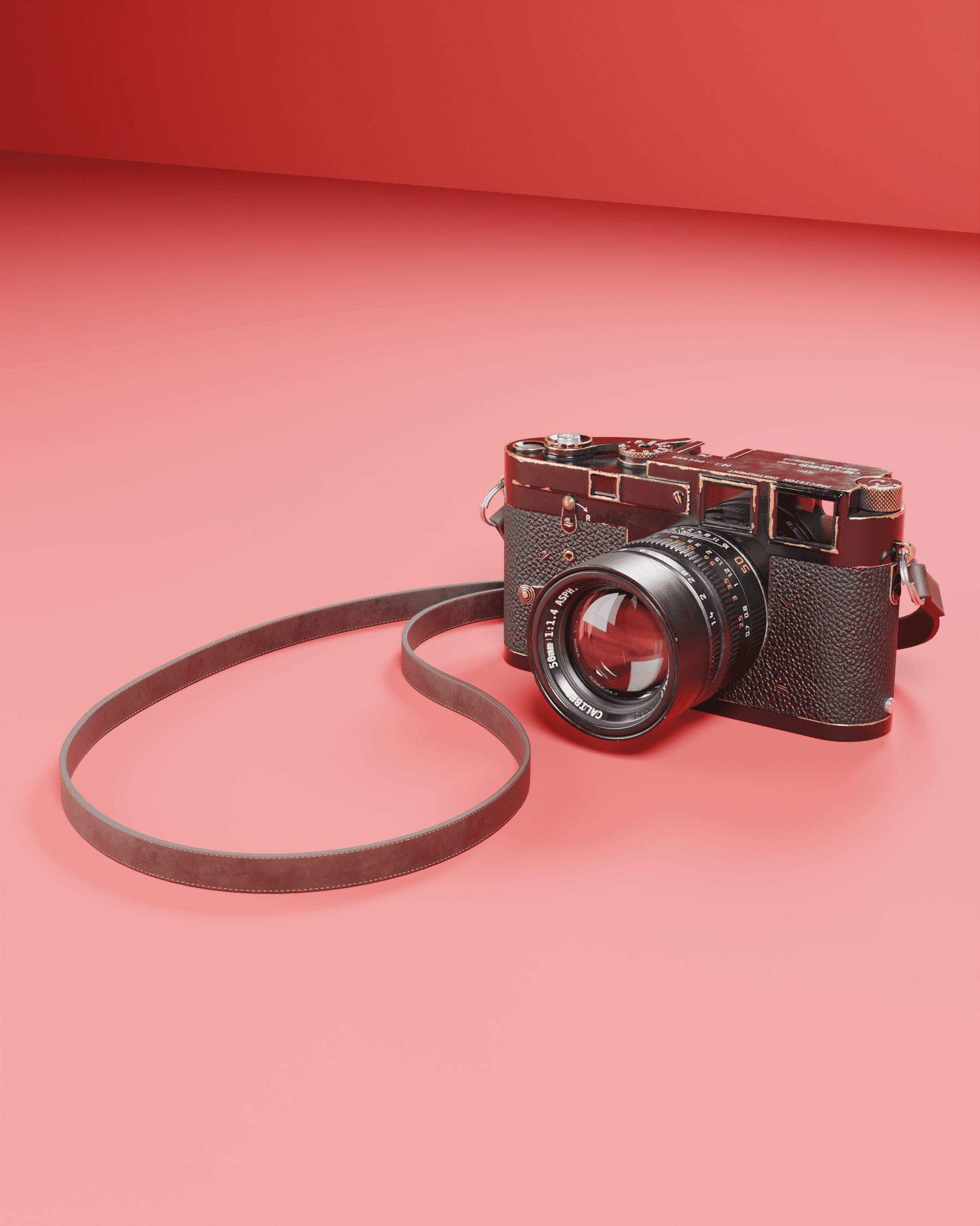 CALIBER 50 camera, three-quarter view on a saturated red studio backdrop