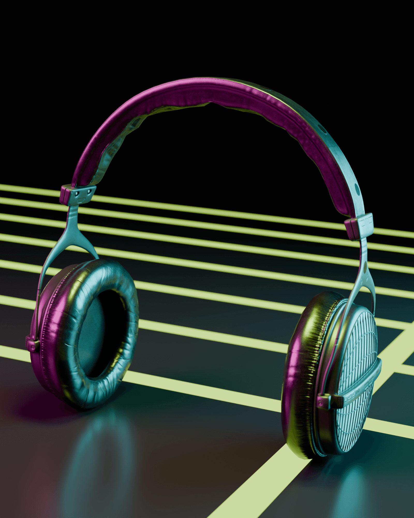 SUBSONIC open-back headphones, three-quarter view lit with magenta, cyan and acid-green stage light over a glowing grid floor