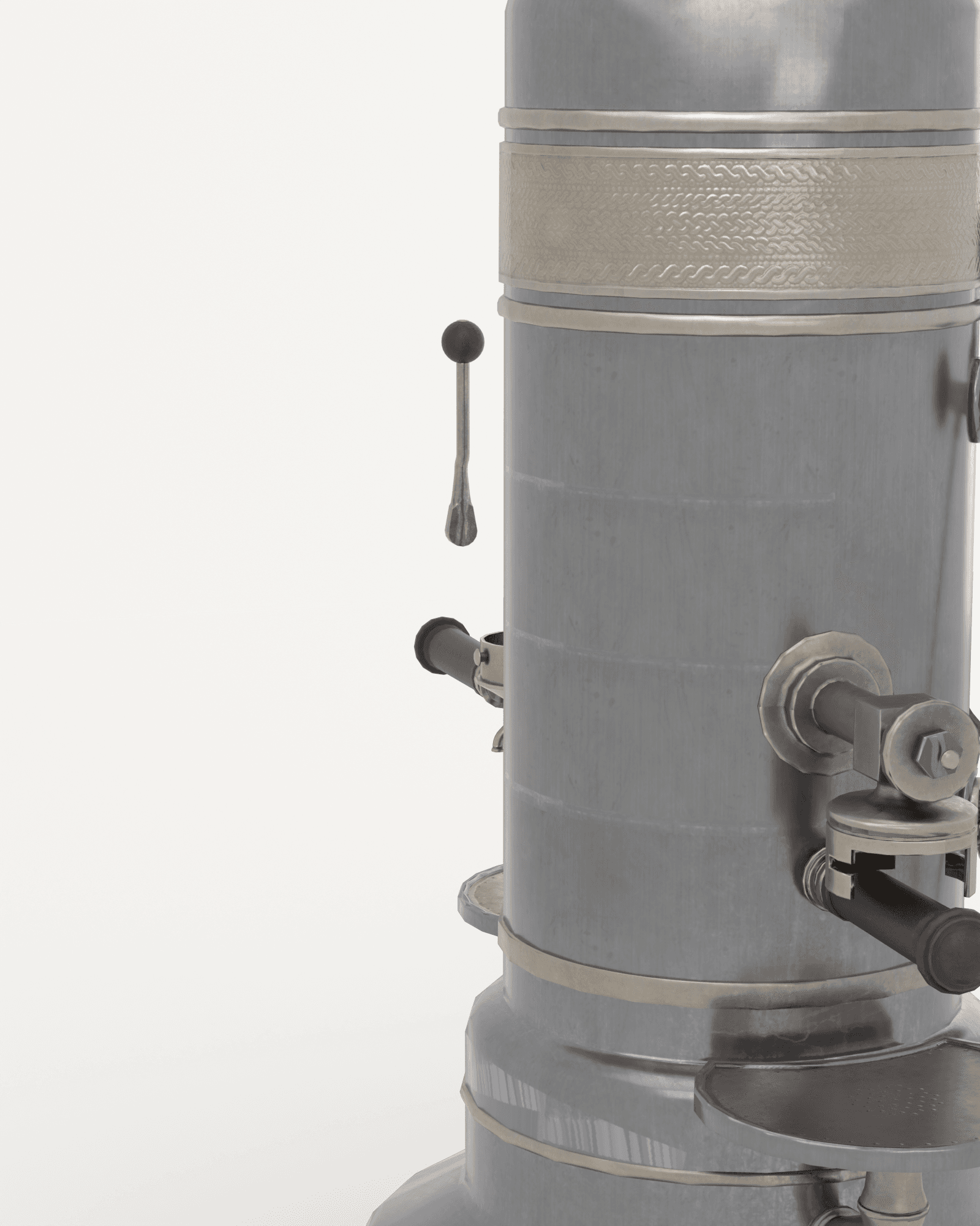 Macro detail of one lever group: the piston cylinder and its lever lifted clear of the boiler neck they mount to