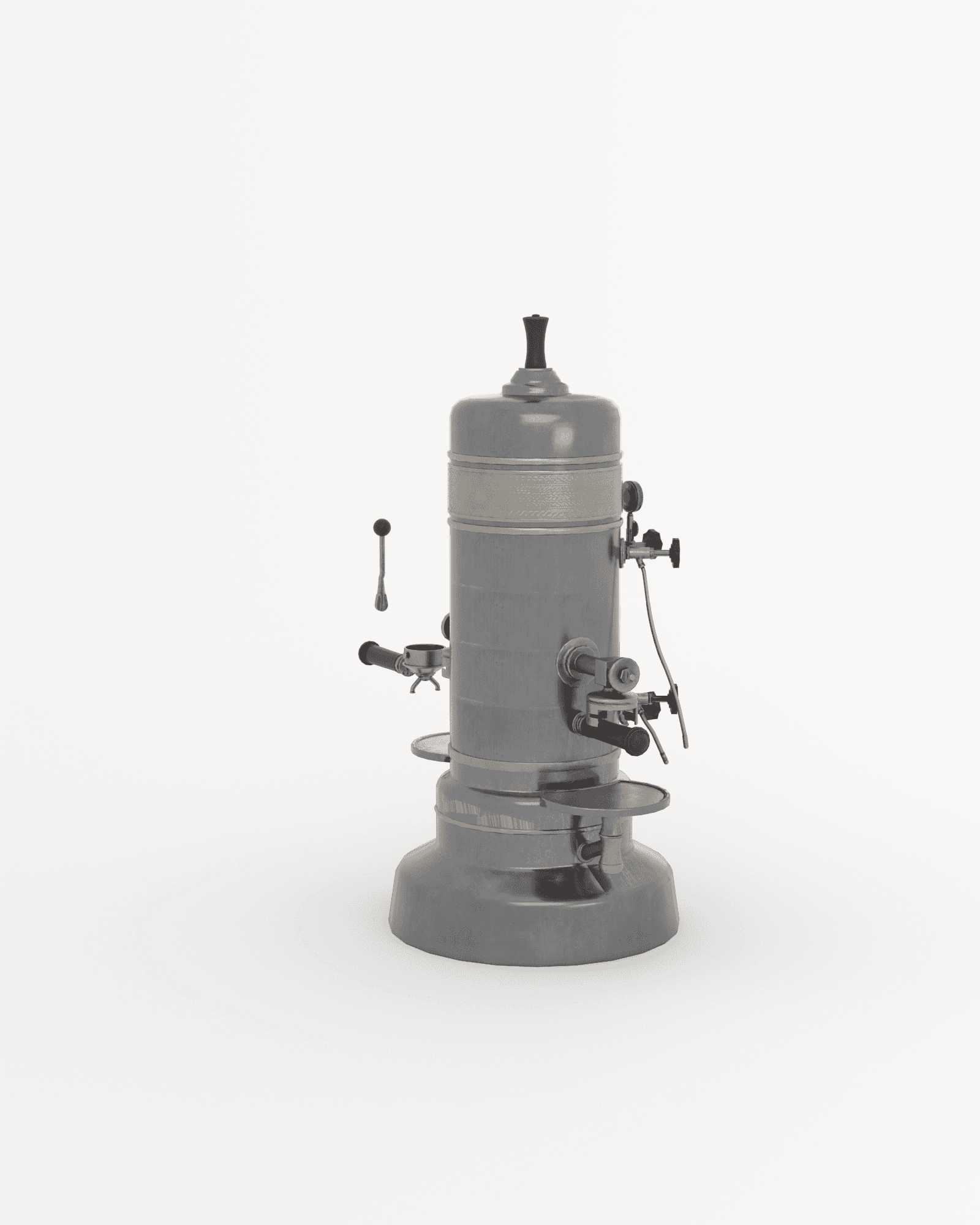 PRIMER lever espresso machine exploded along its own vertical axis: boiler body anchored, twin piston cylinders and levers lifted upward, sight tube lifted highest