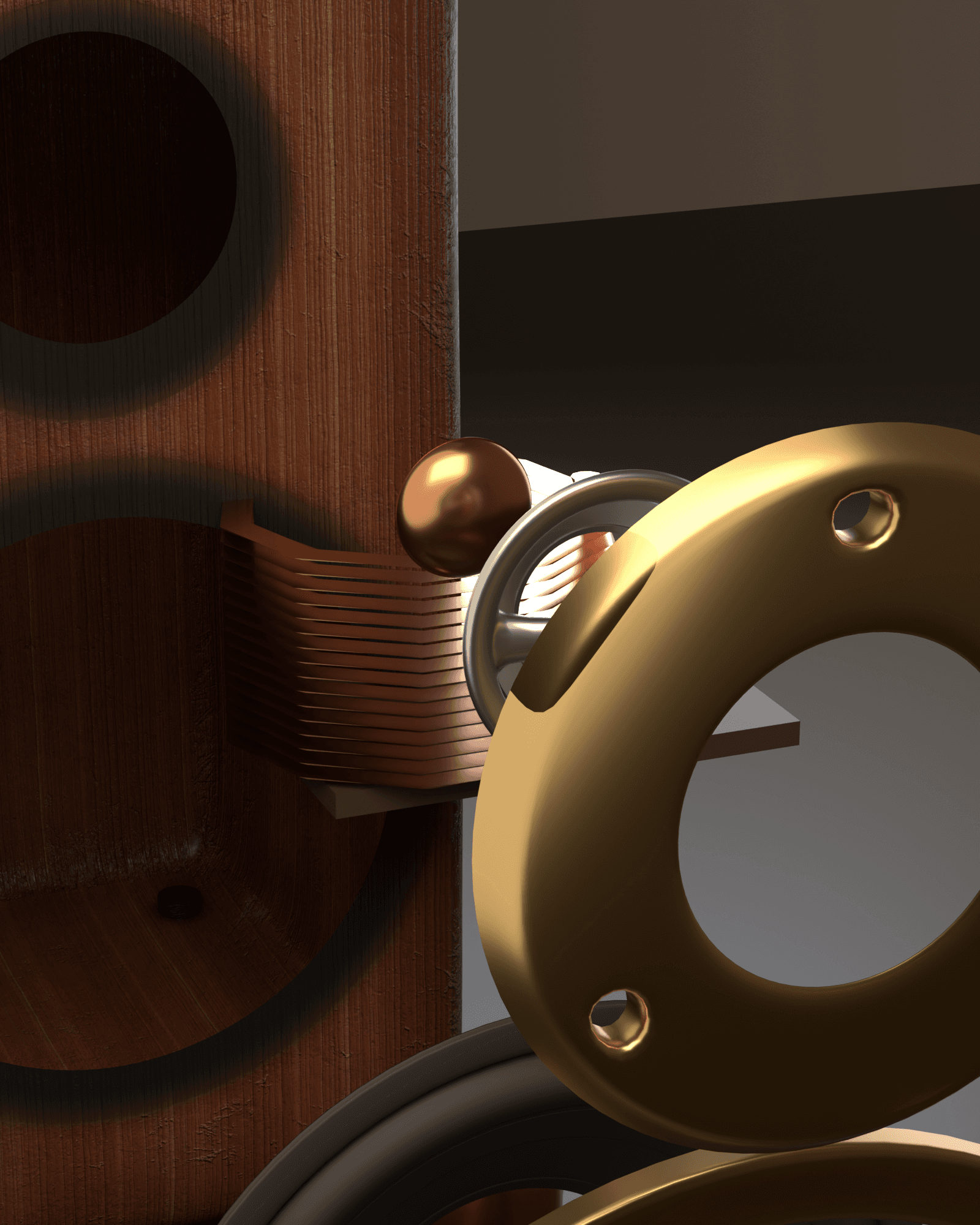 Macro detail of the hand-built crossover: a wound air-core copper coil and a film capacitor beside the walnut cabinet wall and a brass driver trim ring