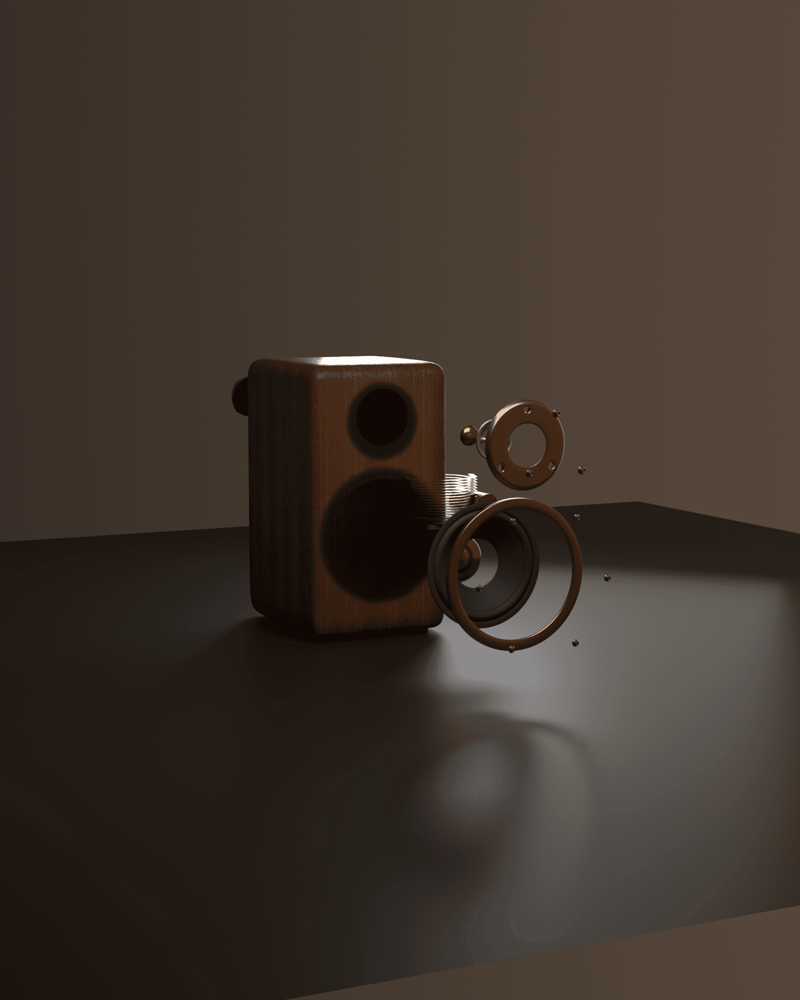 TIMBRE bookshelf speaker exploded along the depth of the cabinet: walnut shell anchored, woofer and tweeter pulled toward the viewer, hand-built crossover revealed to the side, bass-reflex port lifted clear at the rear