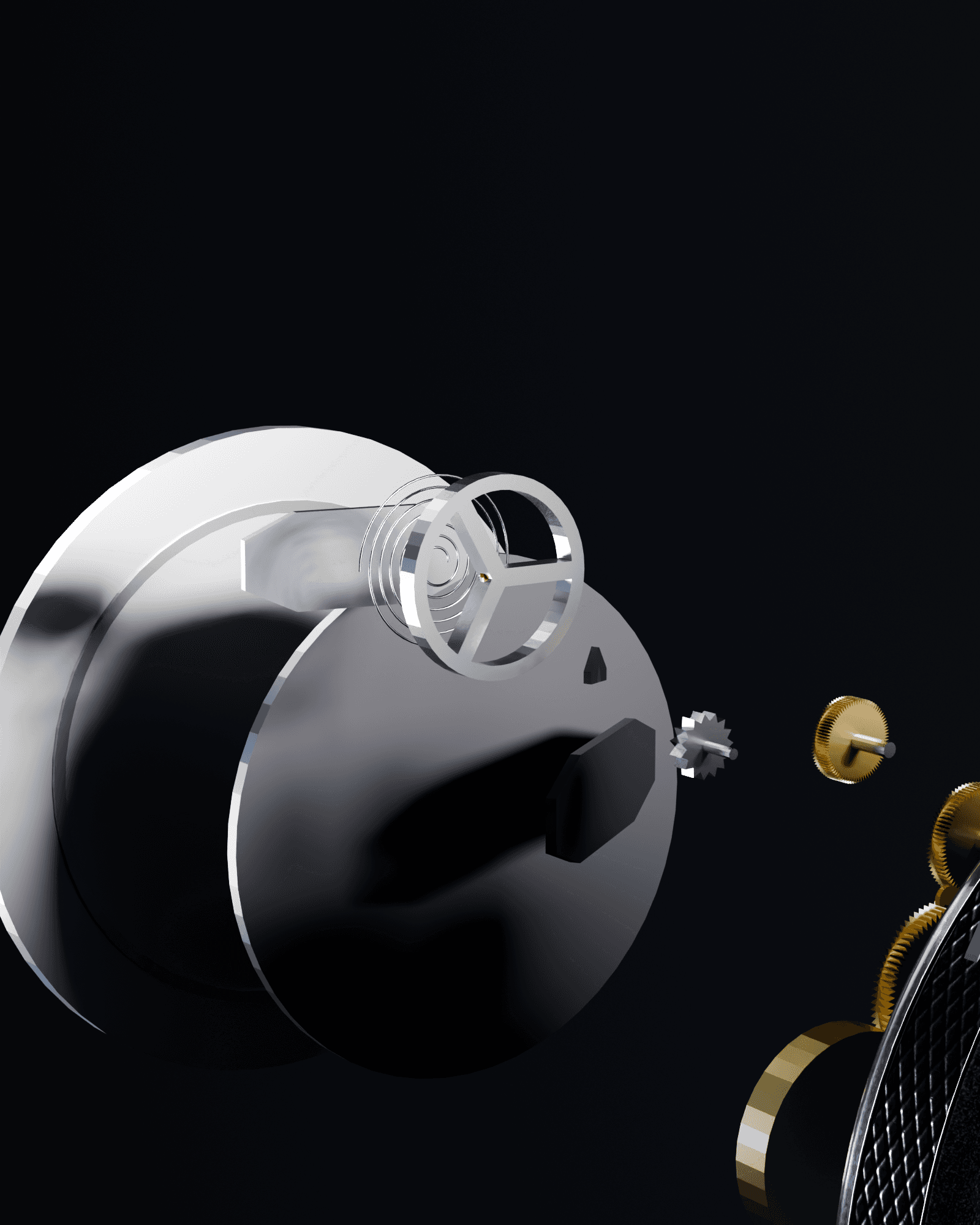 Macro detail of the escapement: balance wheel, hairspring, pallet fork and escape wheel