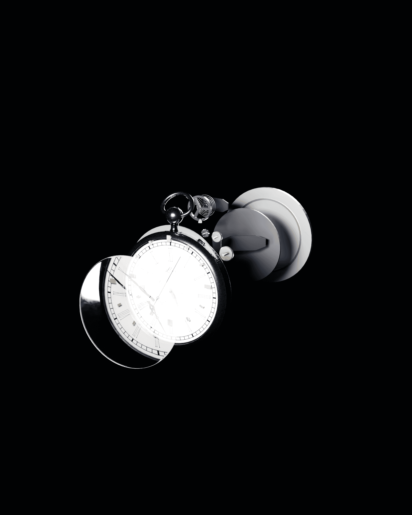 CALIBRE pocket watch exploded along a single axis, case, crystal, dial, gear train and caseback separated in space