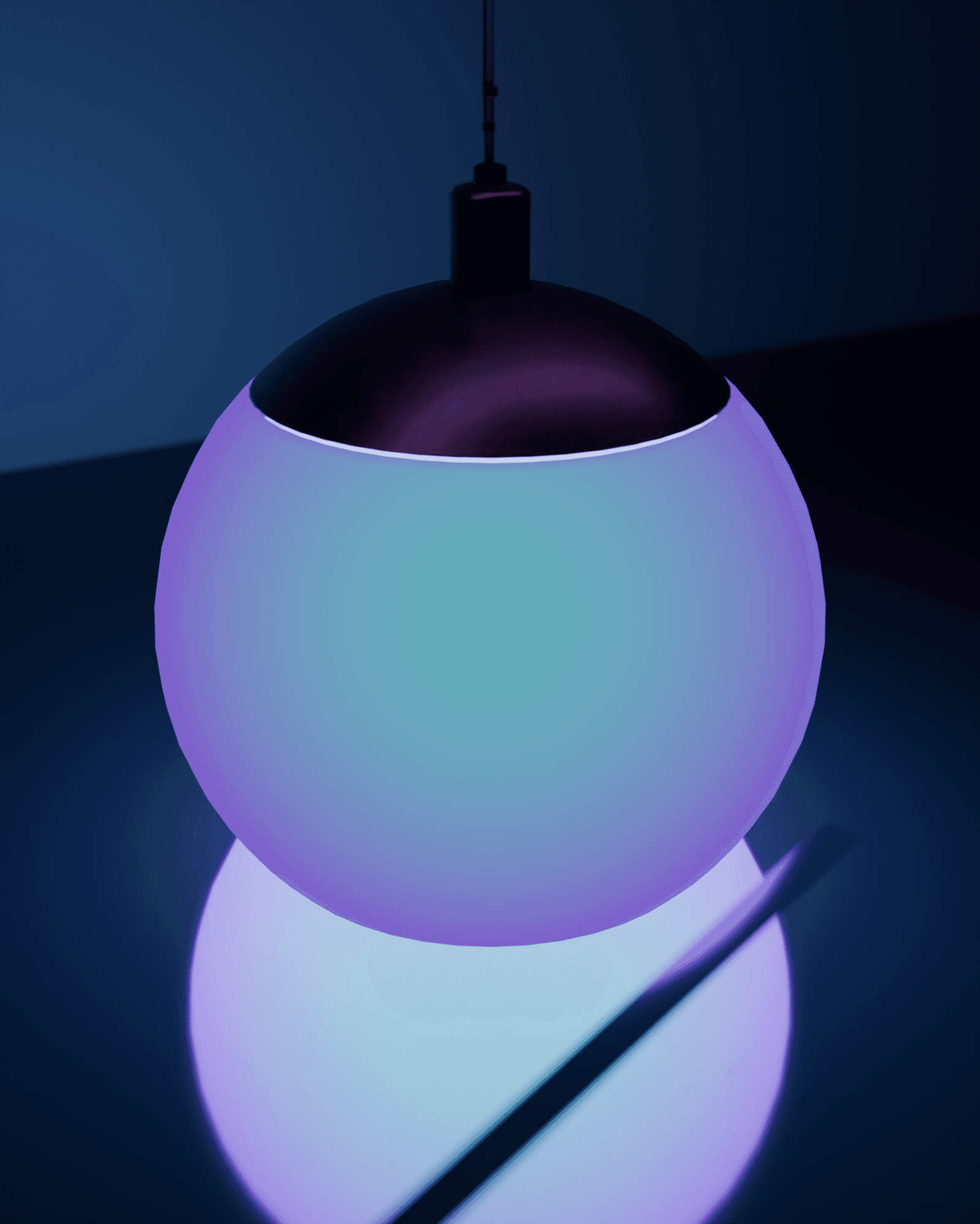 Close detail of the glass globe, brushed steel rod and ceiling track, with the violet to cyan glow reflected in the glass panel behind it