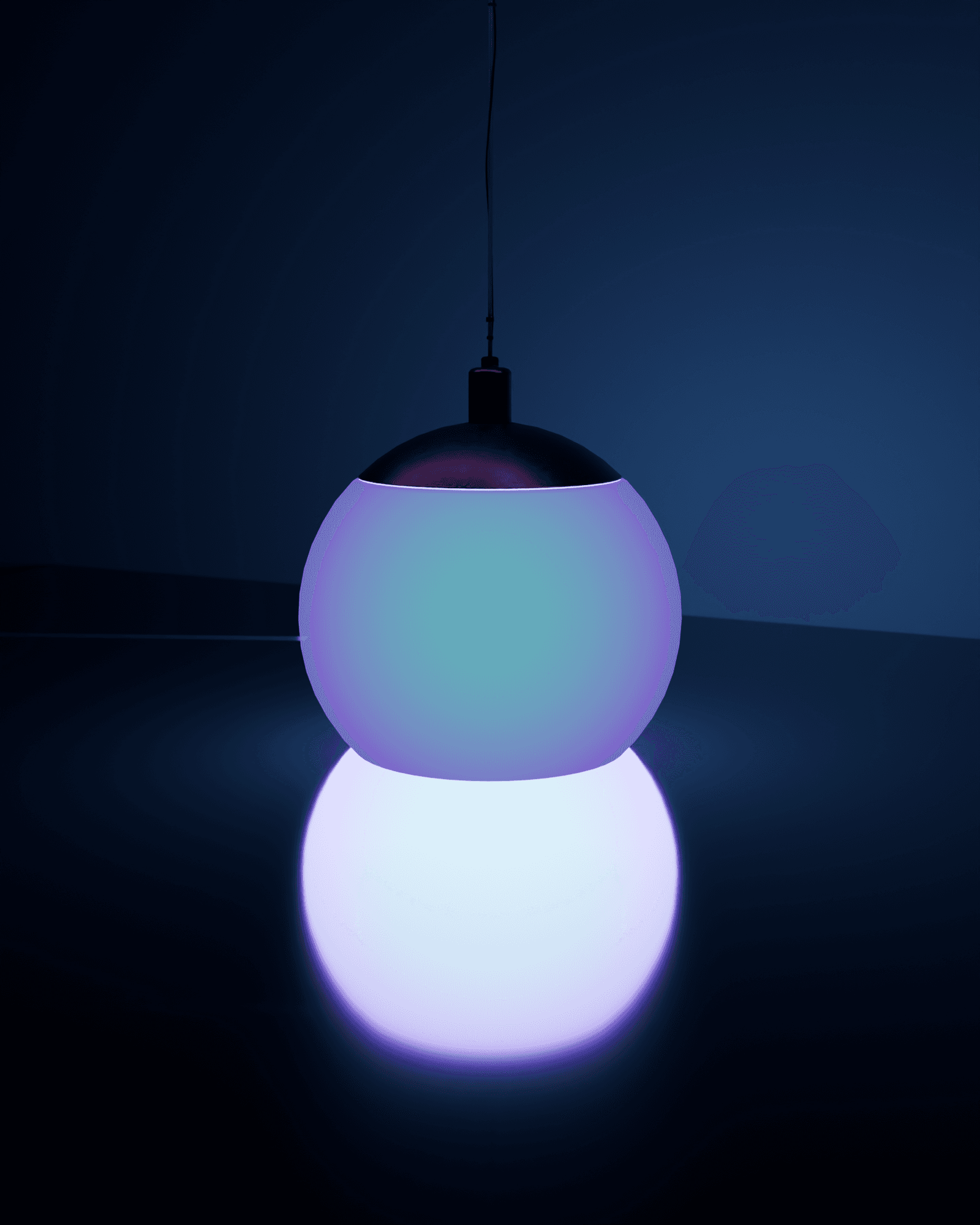 NODE pendant fixture, glass globe glowing violet to cyan, suspended in a small glass and steel room with the light washing across the floor and back wall