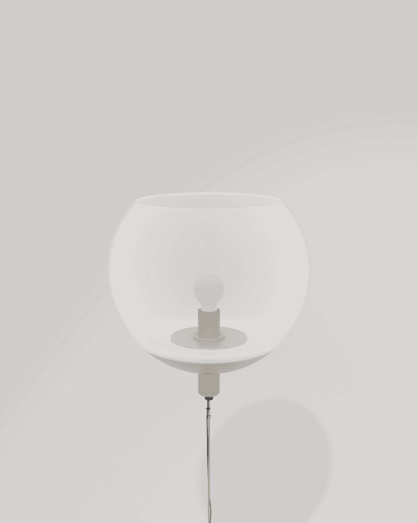 Close macro detail of the frosted glass globe, its interior bulb and brushed steel cap, catching a single soft highlight from the gallery spot, with its cast shadow faint on the wall behind