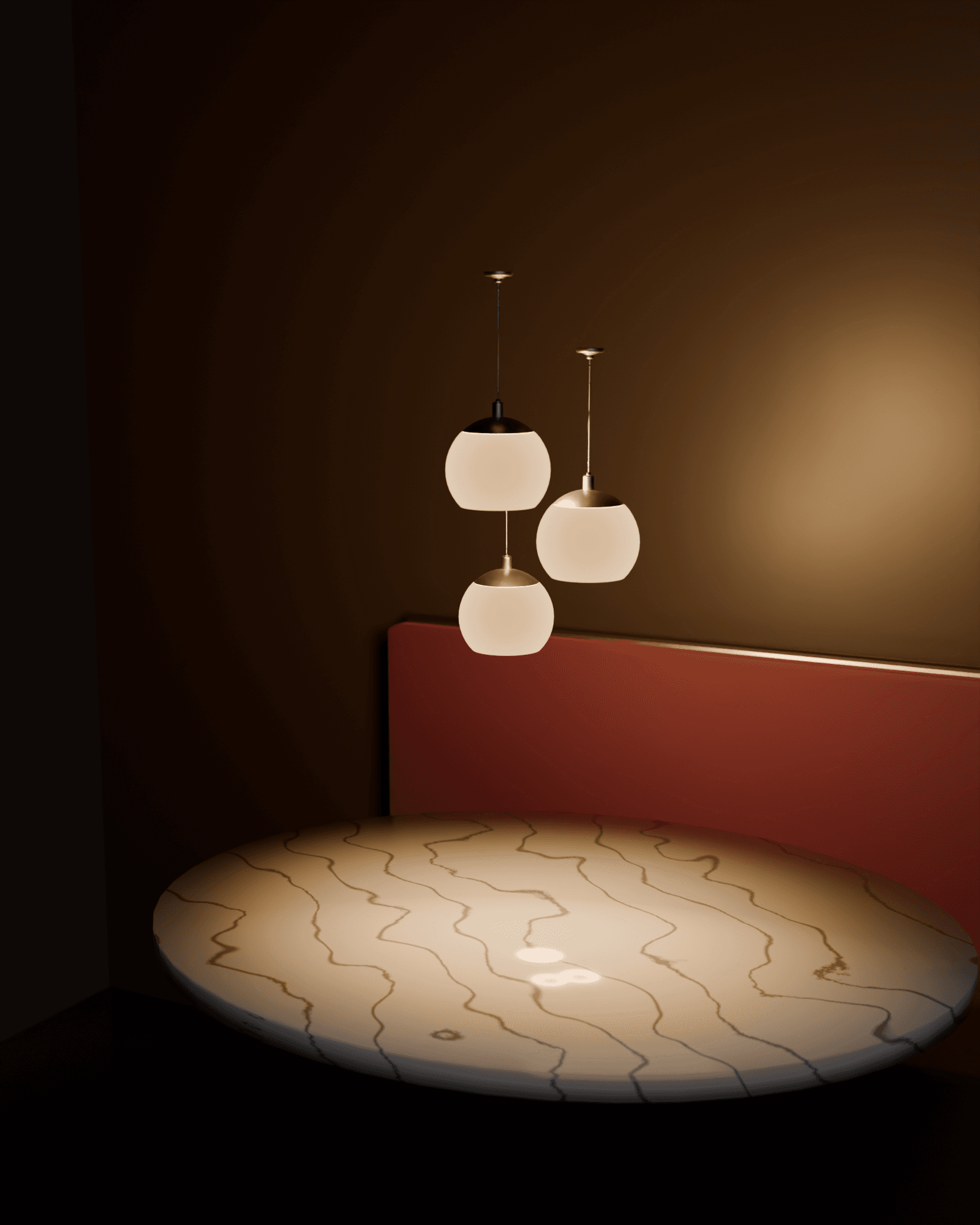 A cluster of three warm glass pendant lights hanging low over a round marble table in a restaurant booth corner, a garnet velvet banquette with a brass trim behind it, dark walnut panelling and a warm light wash on the wall, the rest of the room falling into shadow