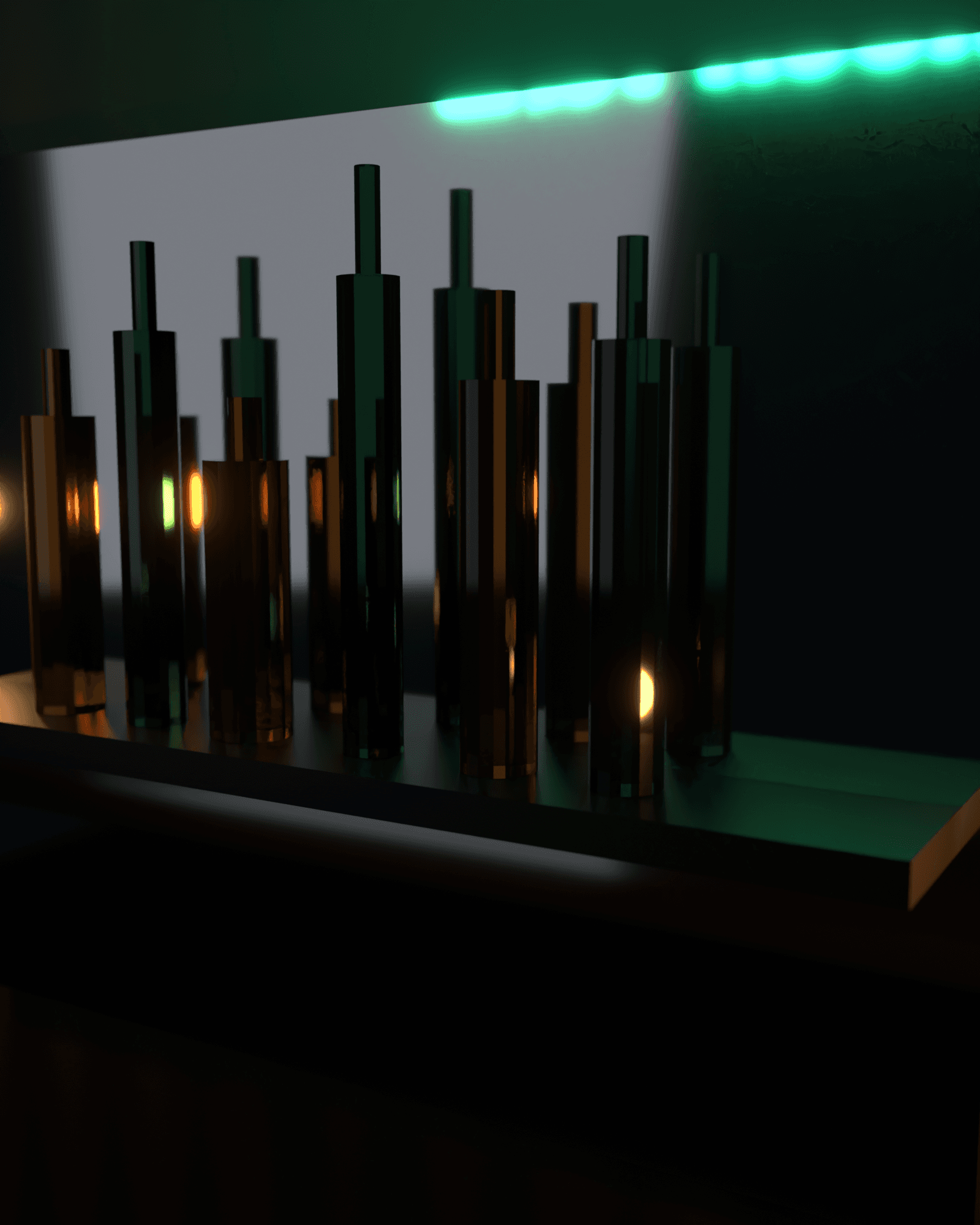 Macro detail of backlit glass bottles on the backbar shelf, warm brass highlights and cool green neon bleeding across the amber and green glass, the mirror and sign soft out of focus behind them