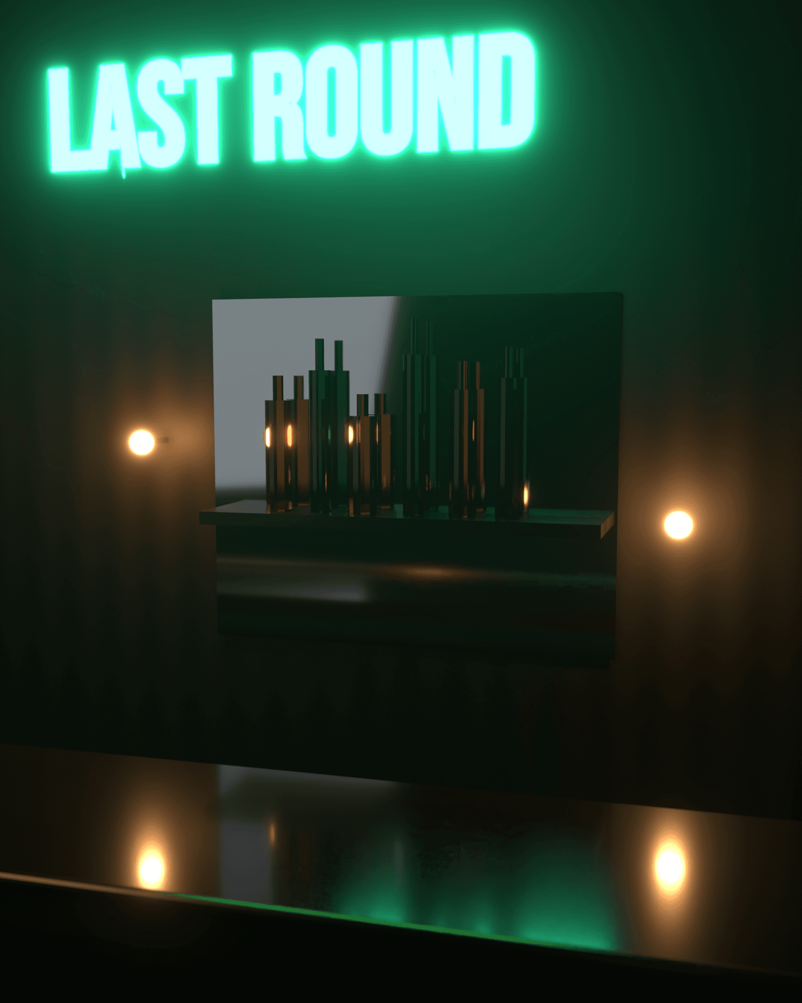 Last Round, a green neon sign mounted on a dark wood wall above a backbar mirror, flanked by two warm brass sconces, glassware reflected below, a polished counter in the foreground