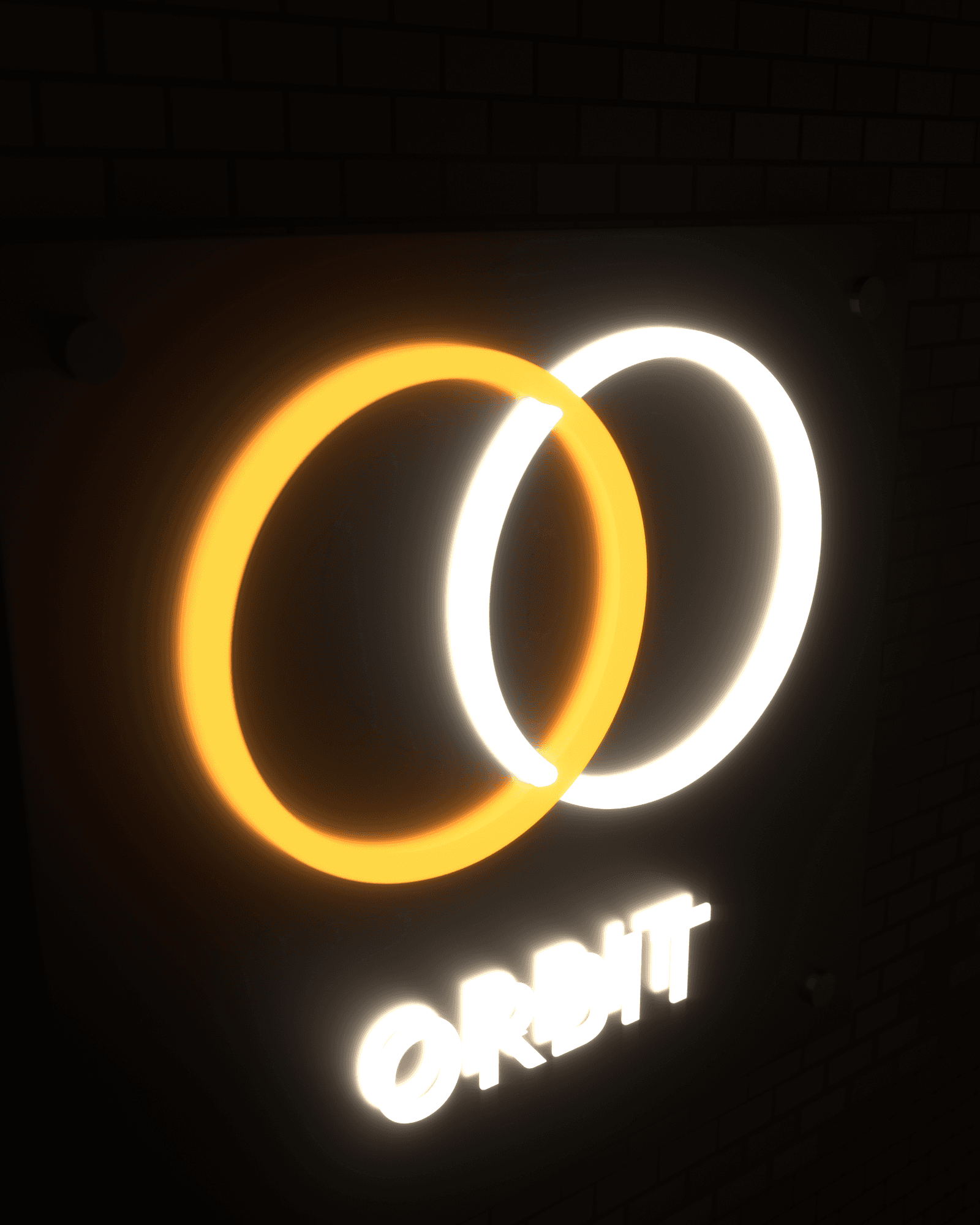 Close angled detail of the two neon tube rings, showing their round cross-section and glow against the steel backing plate and a wall standoff