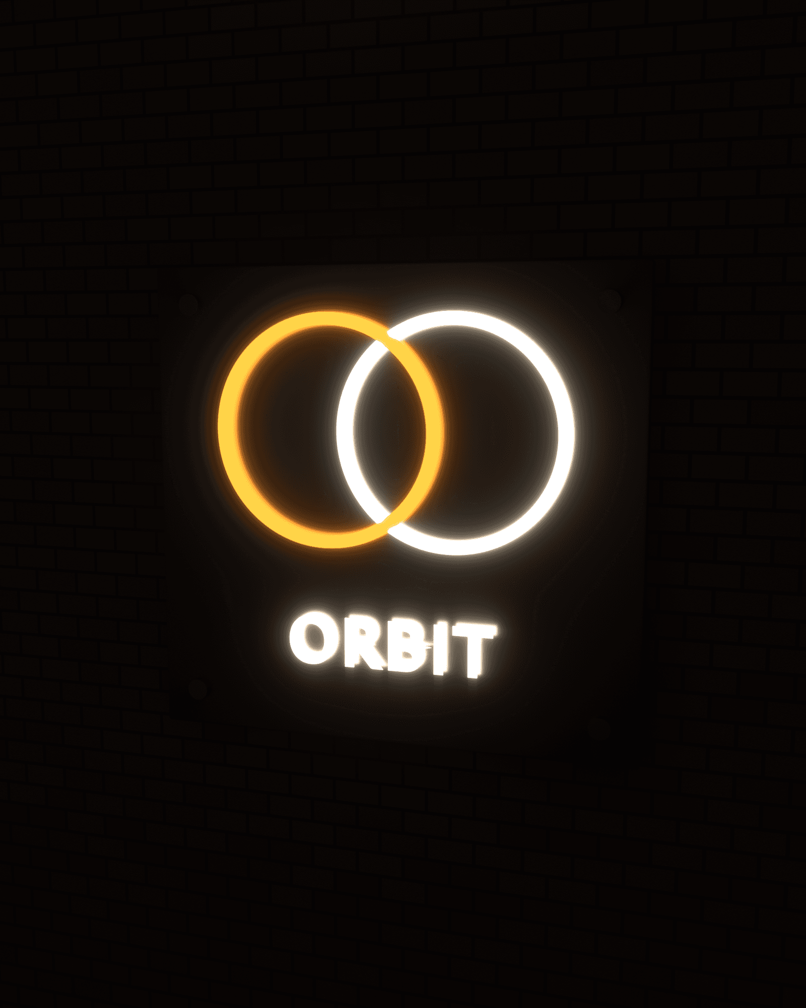 ORBIT logo sign, two interlocking amber and warm white neon rings above the wordmark ORBIT, mounted on a steel backing plate with visible standoffs against an exposed brick wall