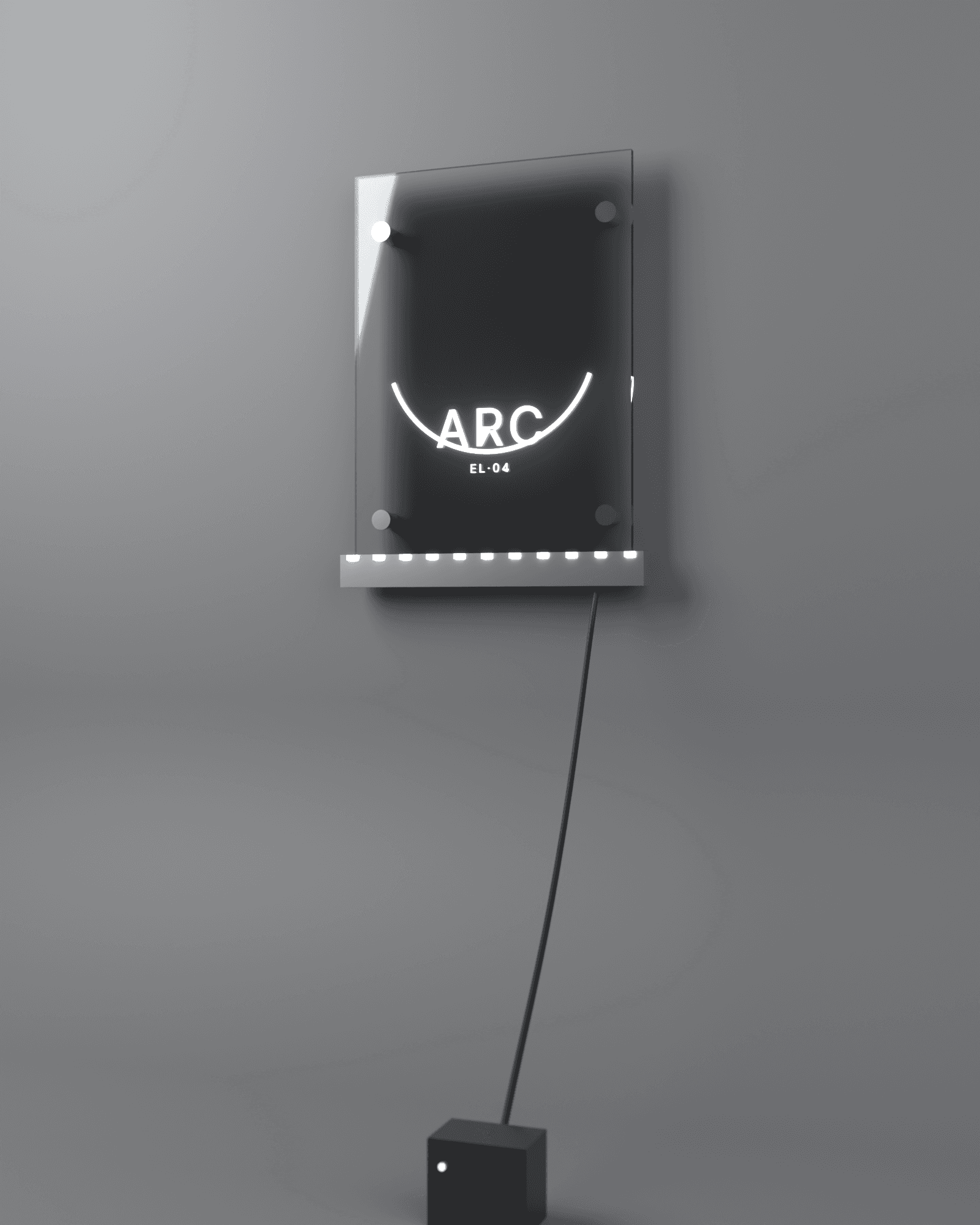 ARC EL·04, a clear edge-lit acrylic panel with an engraved arc mark and wordmark, mounted on four stainless standoffs against a plain studio backdrop
