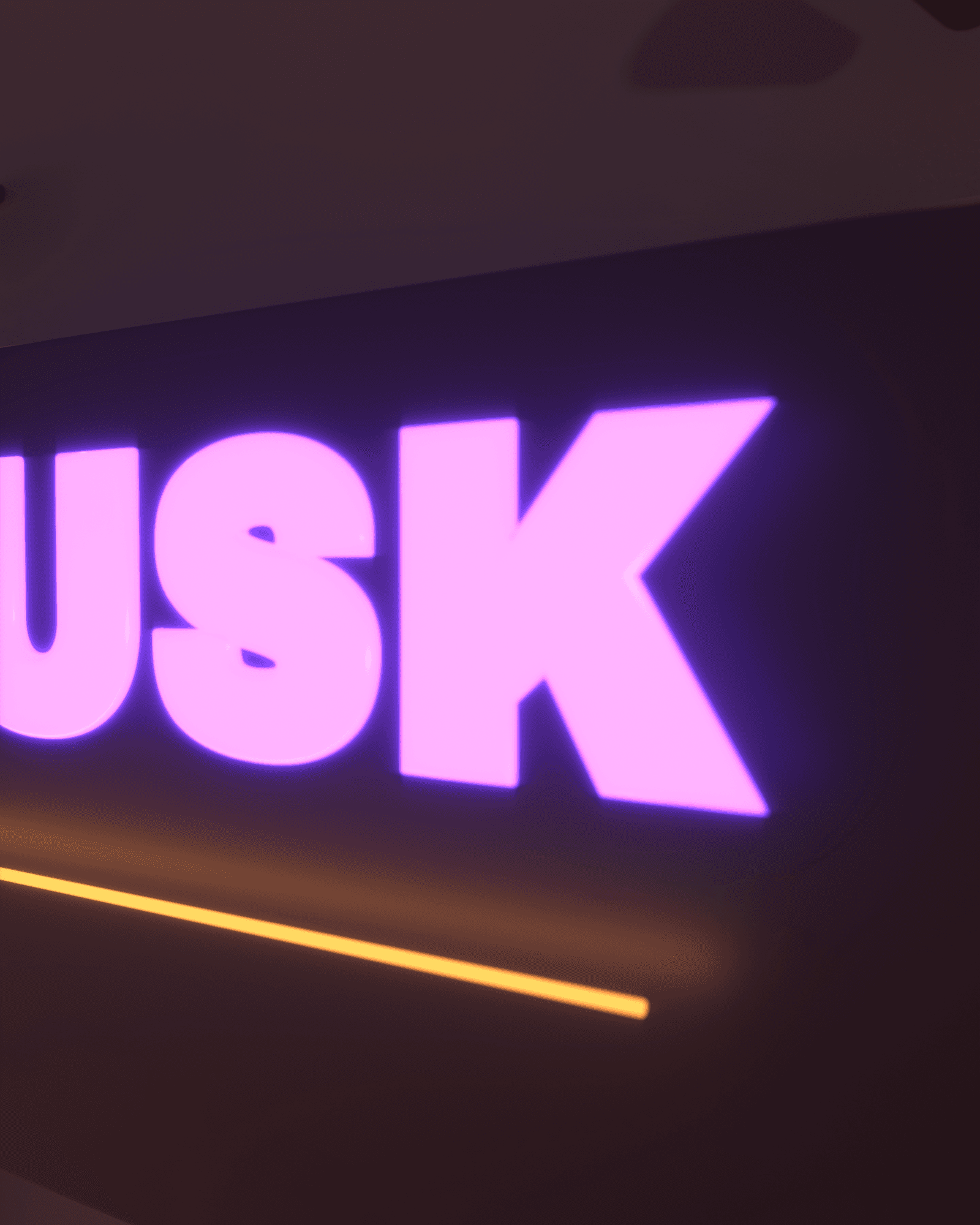 Macro detail of the frosted glass tube wrapping the violet emission core of the DUSK sign, the amber accent line glowing below it, the dark sign box soft out of focus behind