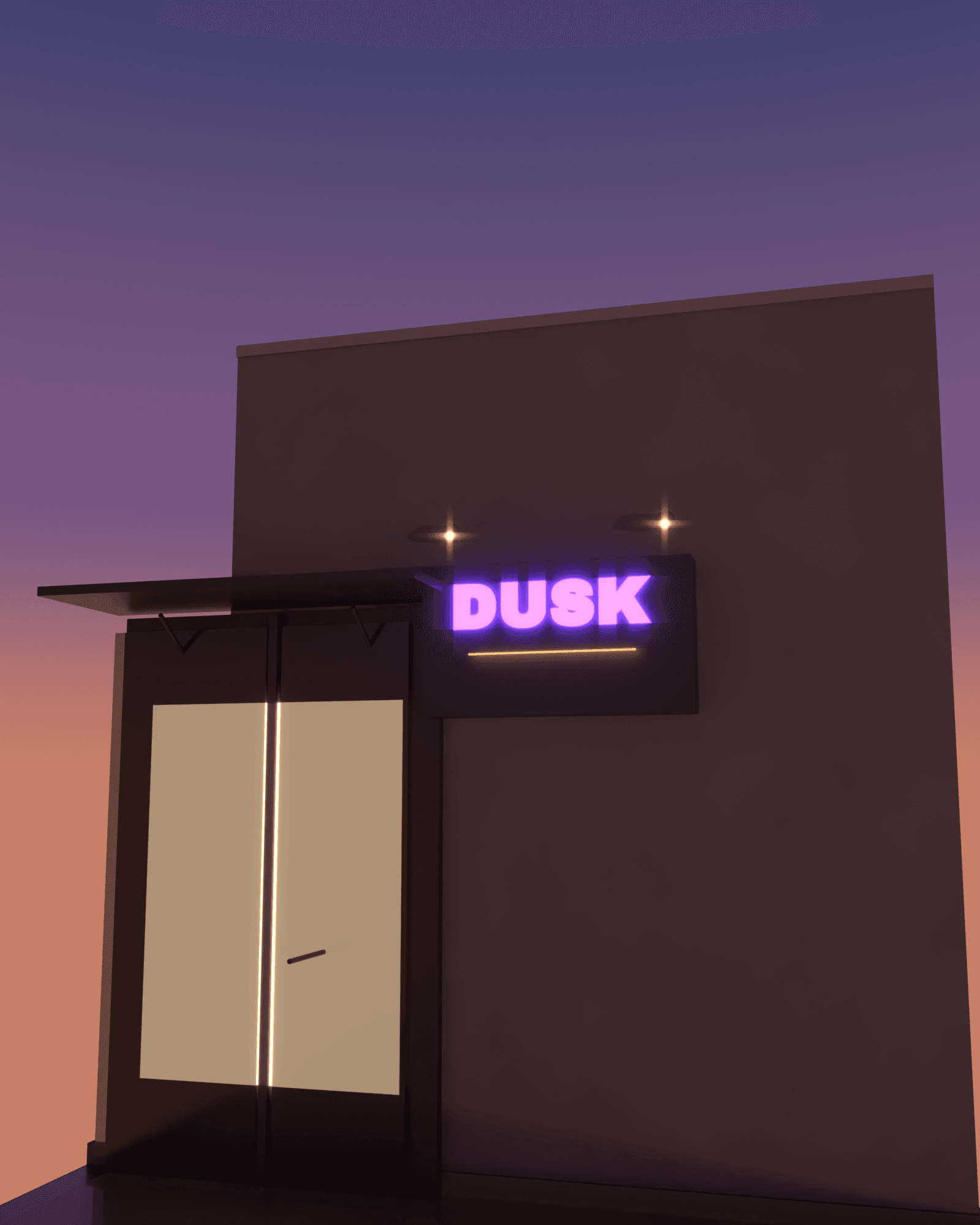 DUSK, a violet neon sign mounted on a steel sign box on a dark stucco storefront facade at blue hour, a warm lit shopfront window beside it under a metal awning, a gradient dusk sky above the roofline and a wet sidewalk reflecting the neon below
