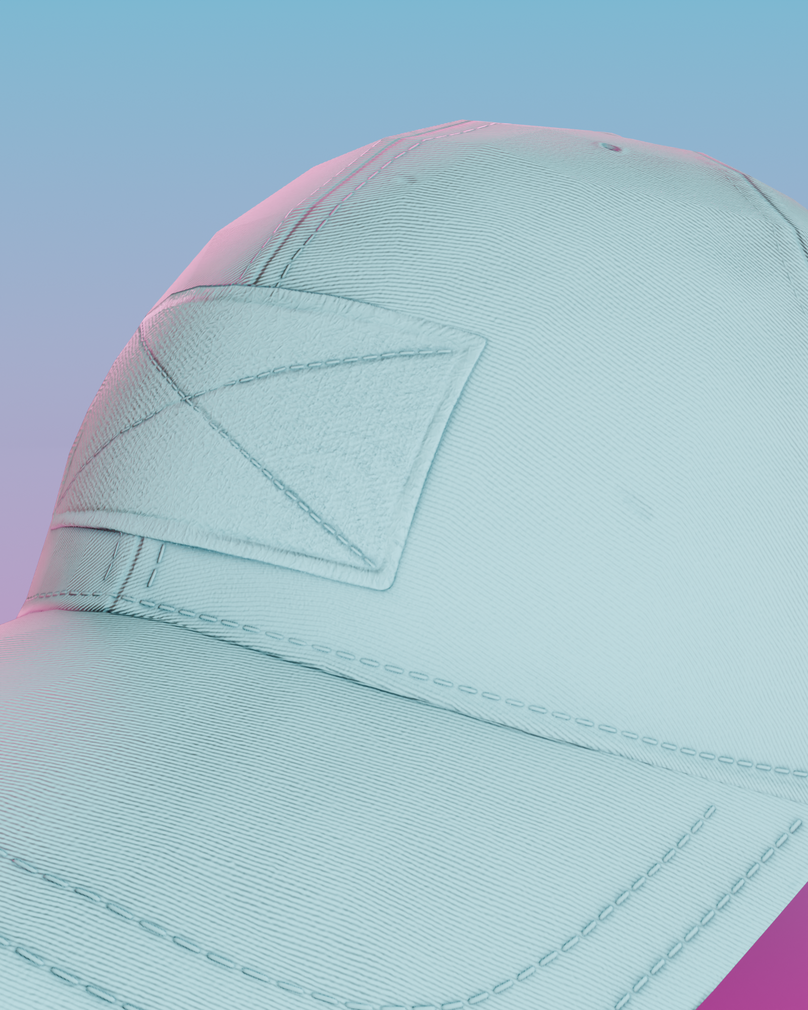 Close detail render of the cap crown, showing the six-panel seams and the front hook-and-loop patch, same two-tone gradient backdrop.