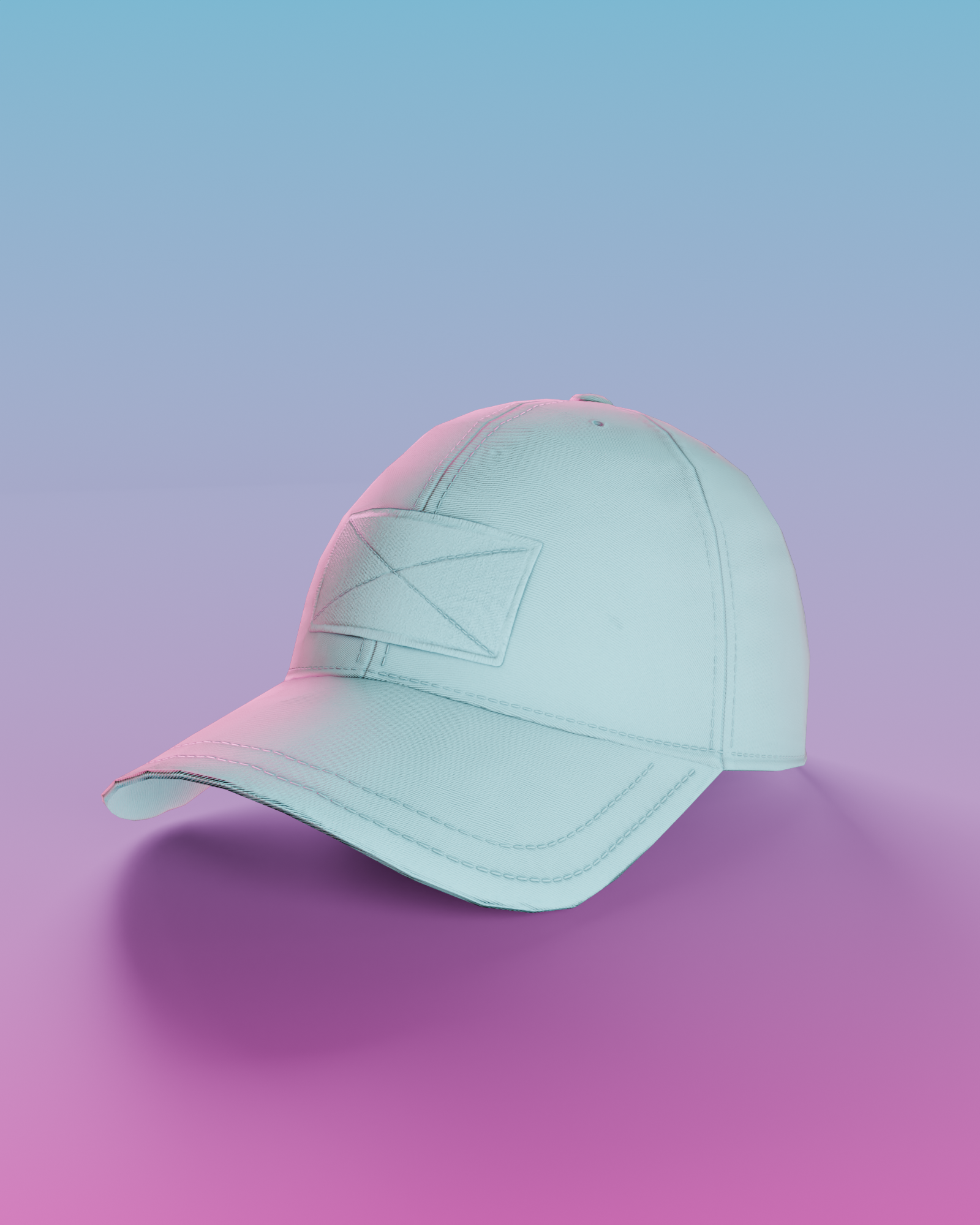 Studio render of the structured six-panel cap, three-quarter view on a two-tone magenta to electric blue gradient backdrop.