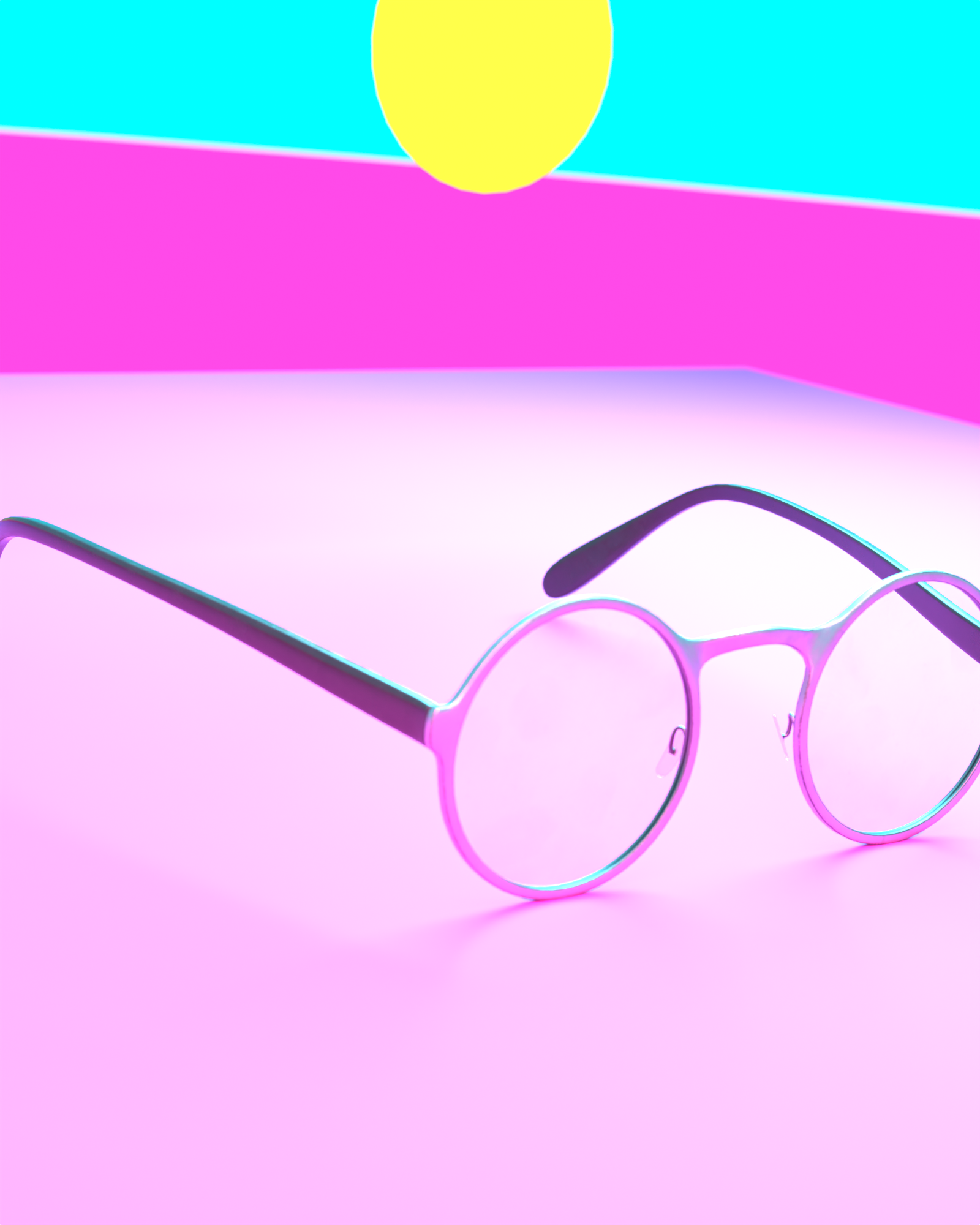 SPECTACLE eyewear, alternate angle, full frame against the magenta and cyan color-blocked set