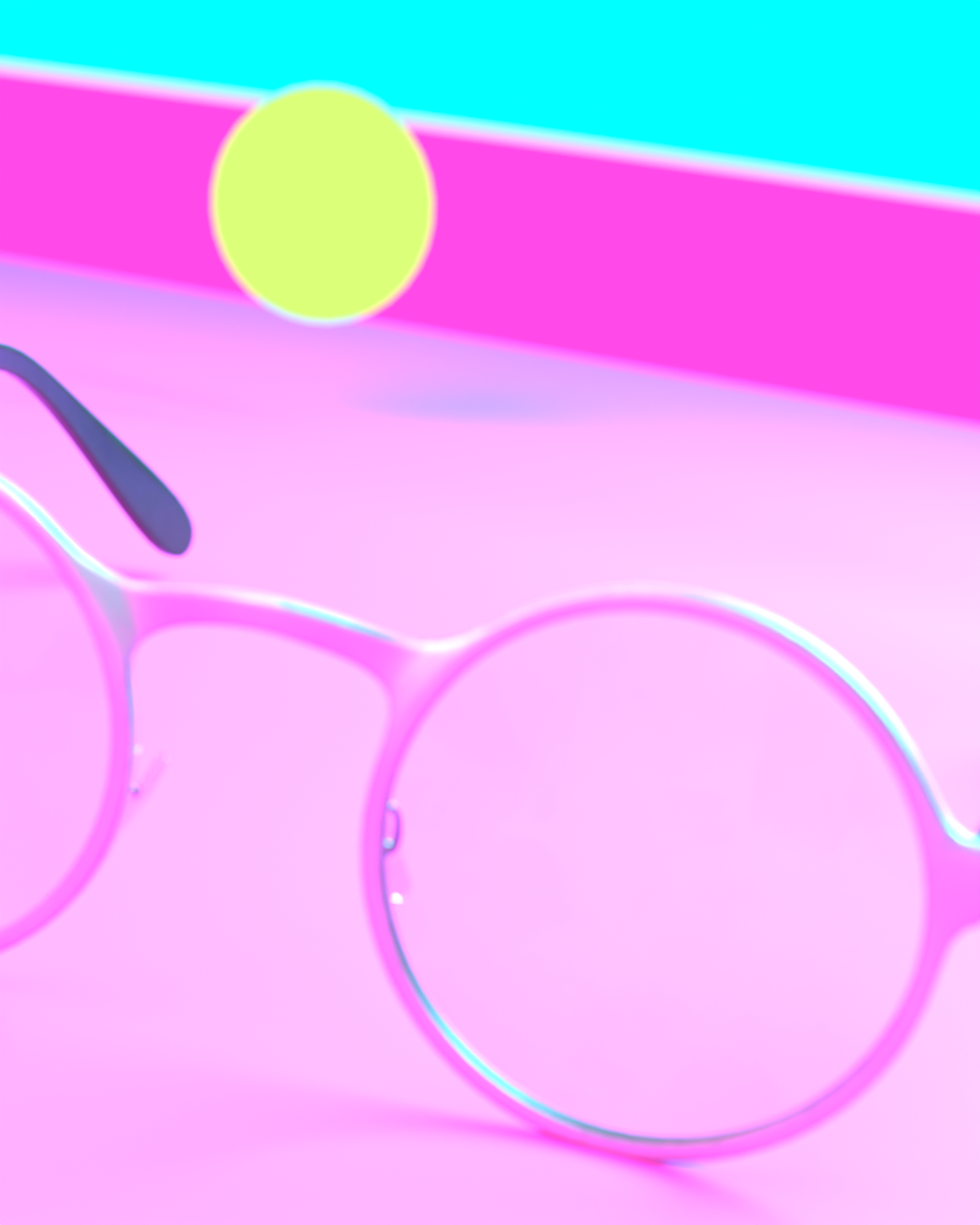 Macro detail of the SPECTACLE lens, real glass transmission catching magenta and cyan gel light