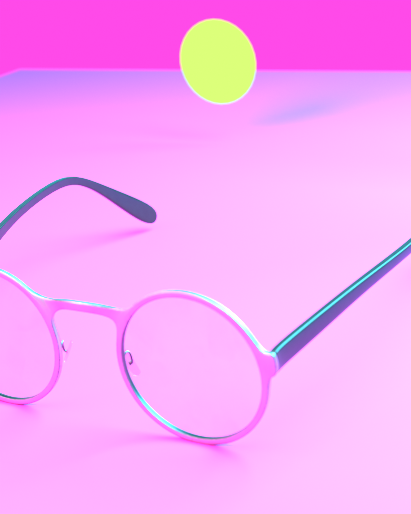 SPECTACLE round eyewear, diagonal crop, magenta and cyan color-gel studio light, Memphis-style lime accent disc