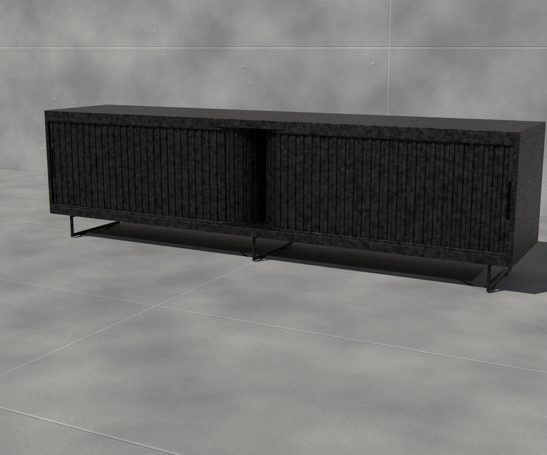 CAST sideboard standing against a raw poured-concrete wall, lit by a single hard directional light