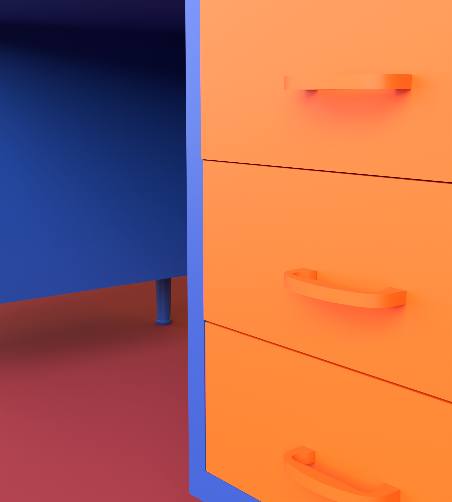 Close detail of the BLOK frame and drawer front junction, showing the flat color boundary and handle