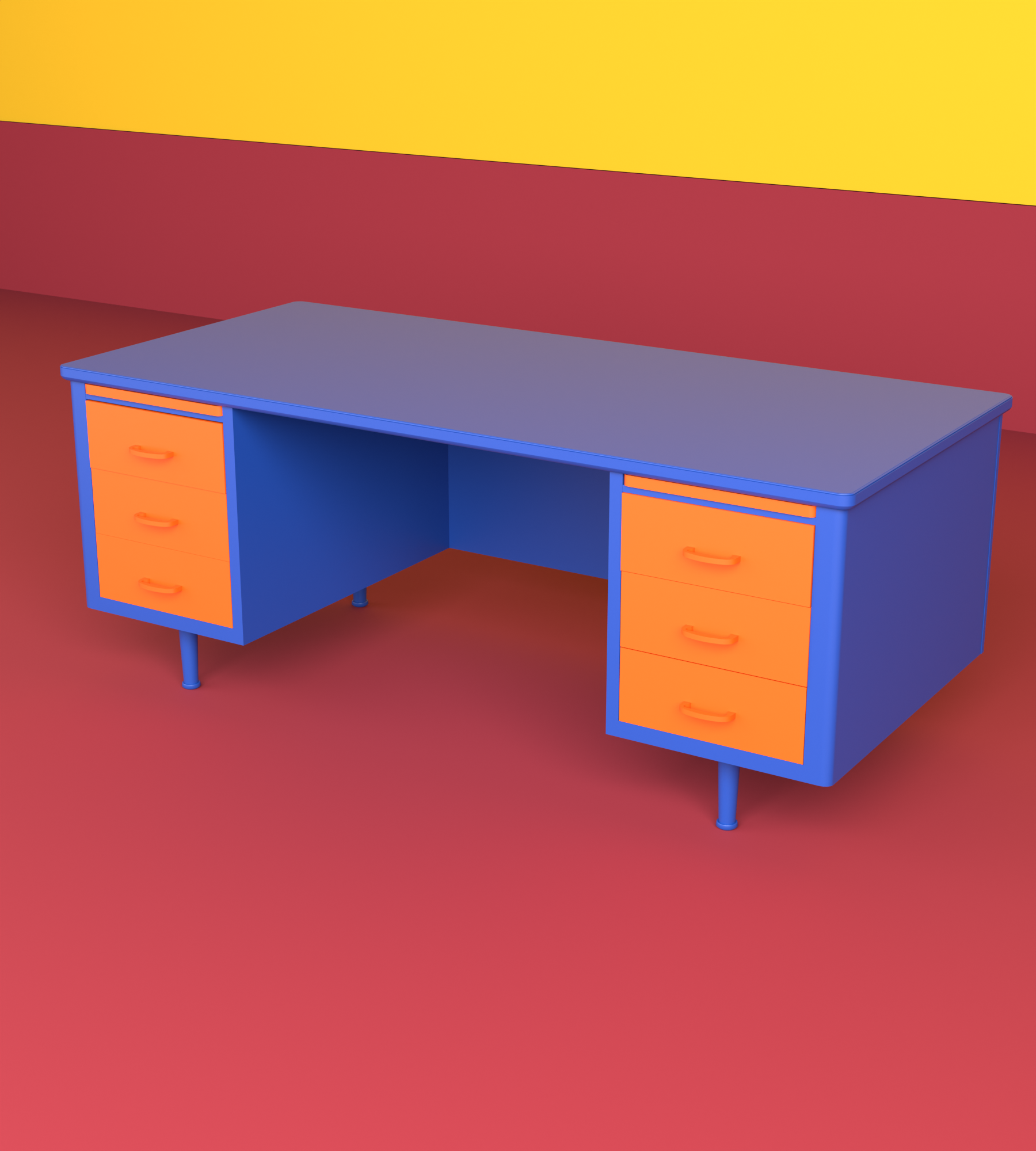 BLOK desk, blue frame and orange drawer fronts, against a two-tone graphic color backdrop