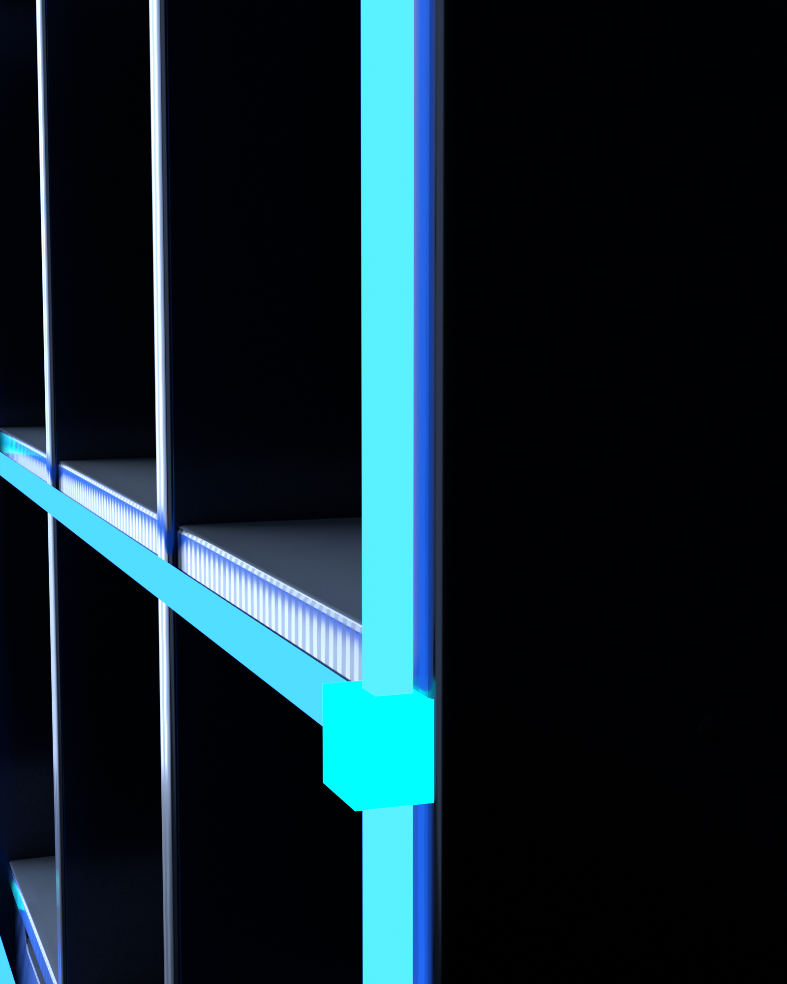 Close detail of a PRISM connector node, where the vertical and horizontal accent strips meet at a cubby corner, glass shelf surface and brushed metal post visible alongside it