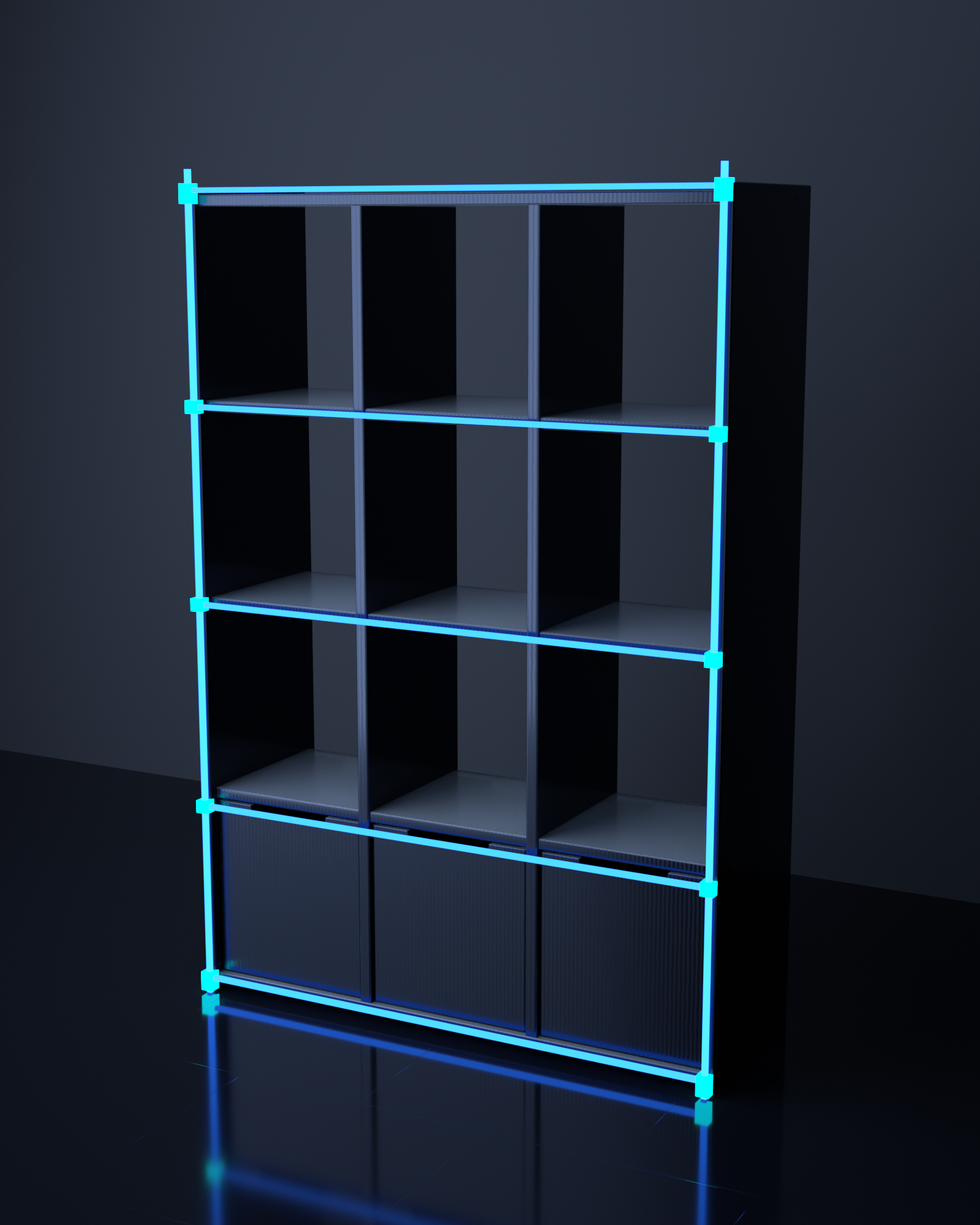 PRISM retail display standing in a dark void room, its cubby grid and connector nodes lit in electric blue, reflected on a polished floor
