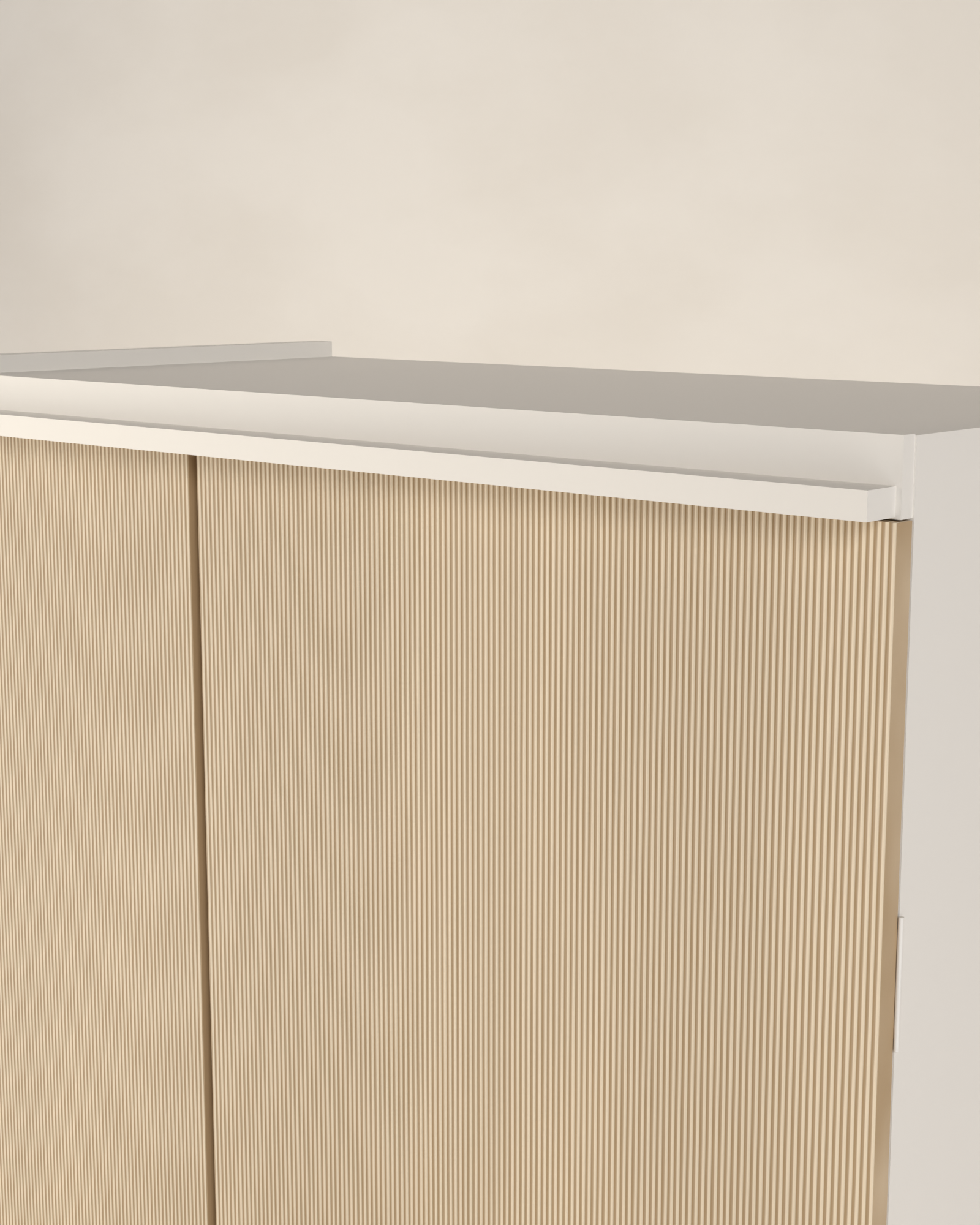 Close detail of the Grain wardrobe where the chalk white frame meets the pale birch door, under soft window light