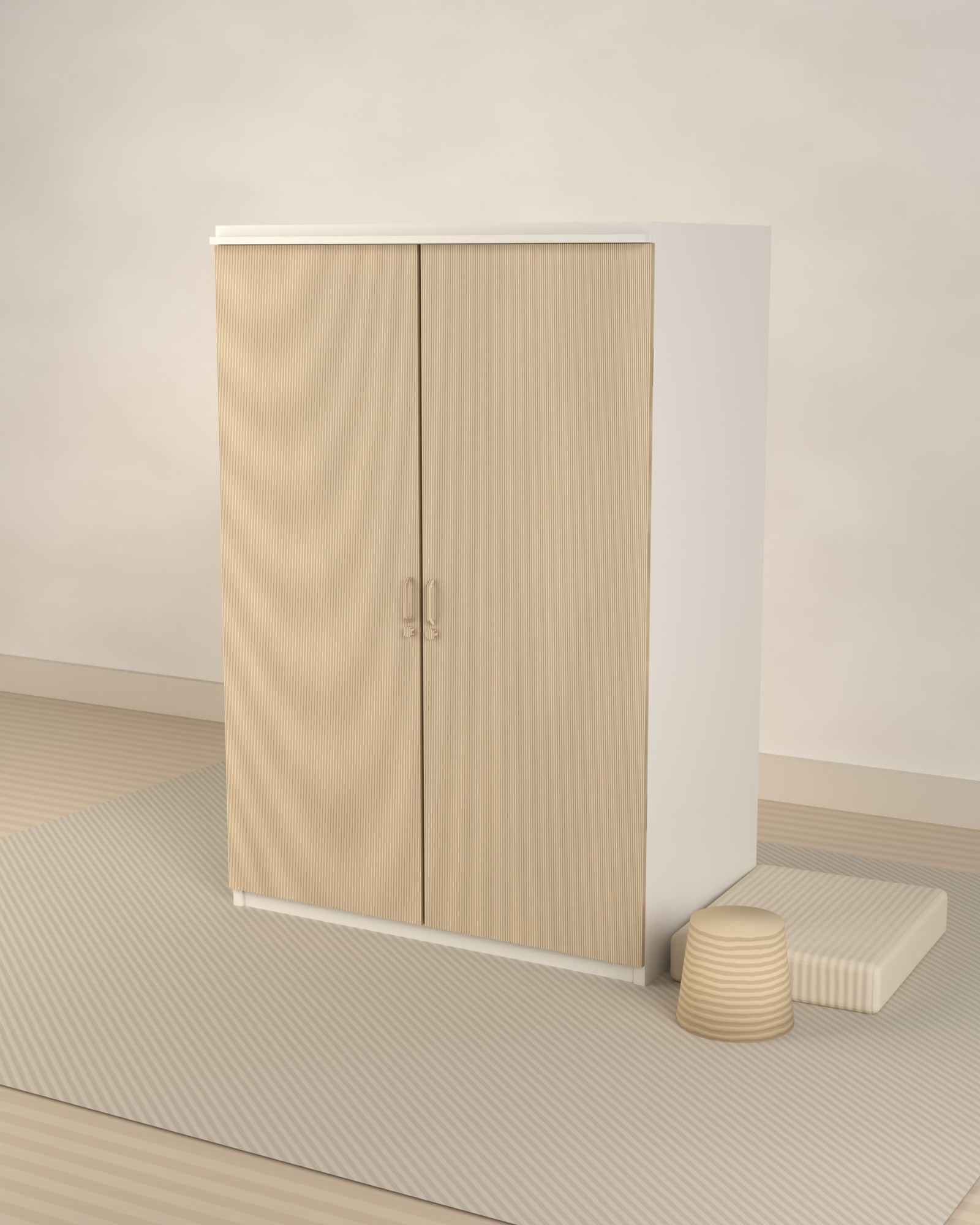 Grain wardrobe in pale birch and chalk white steel, standing in a soft, daylit room with a folded wool throw and a woven basket