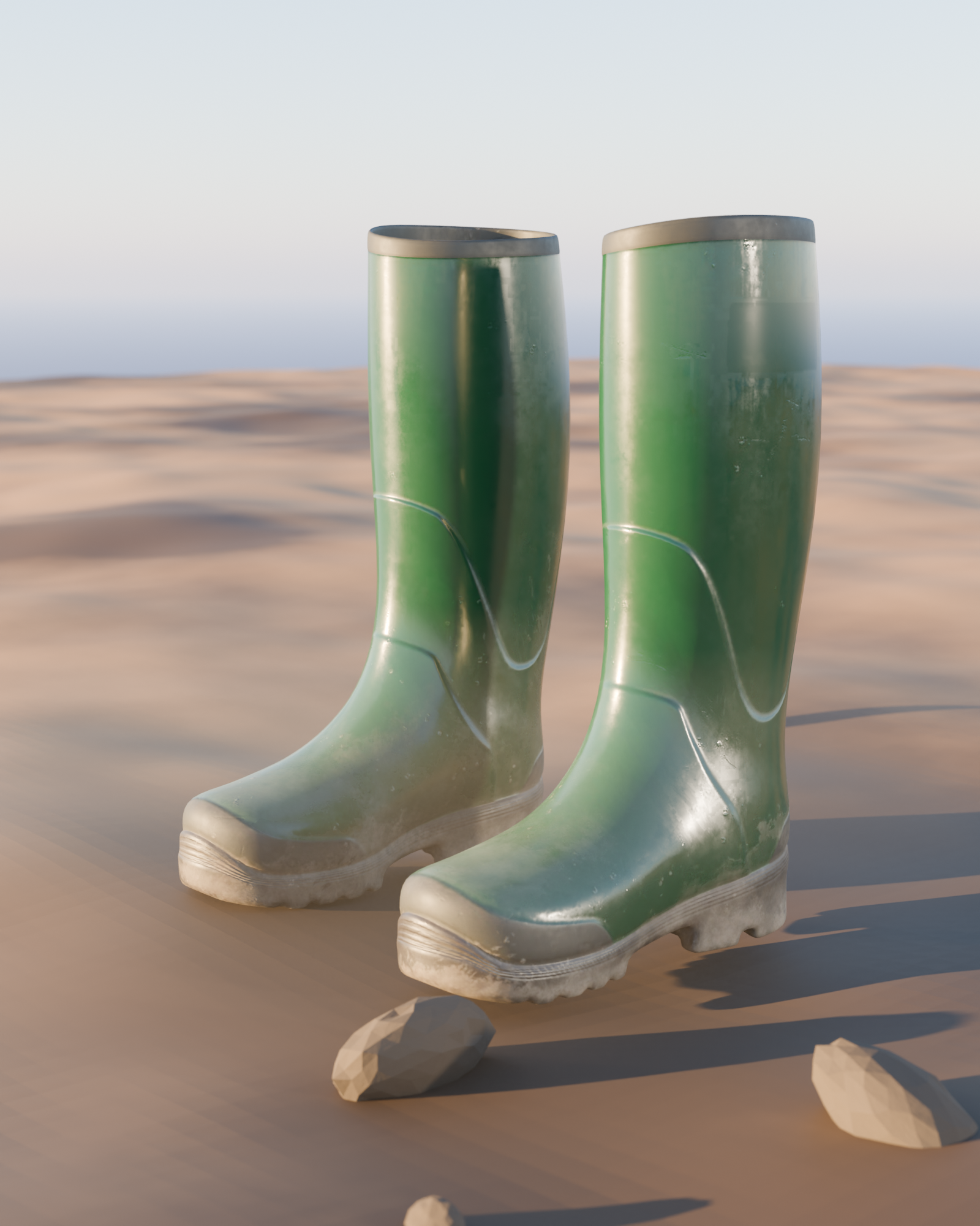 TERRA TX-1 all-terrain boots, low angle, planted in real displaced dirt under genuine low sun, loose rocks in the foreground, soft desert horizon behind